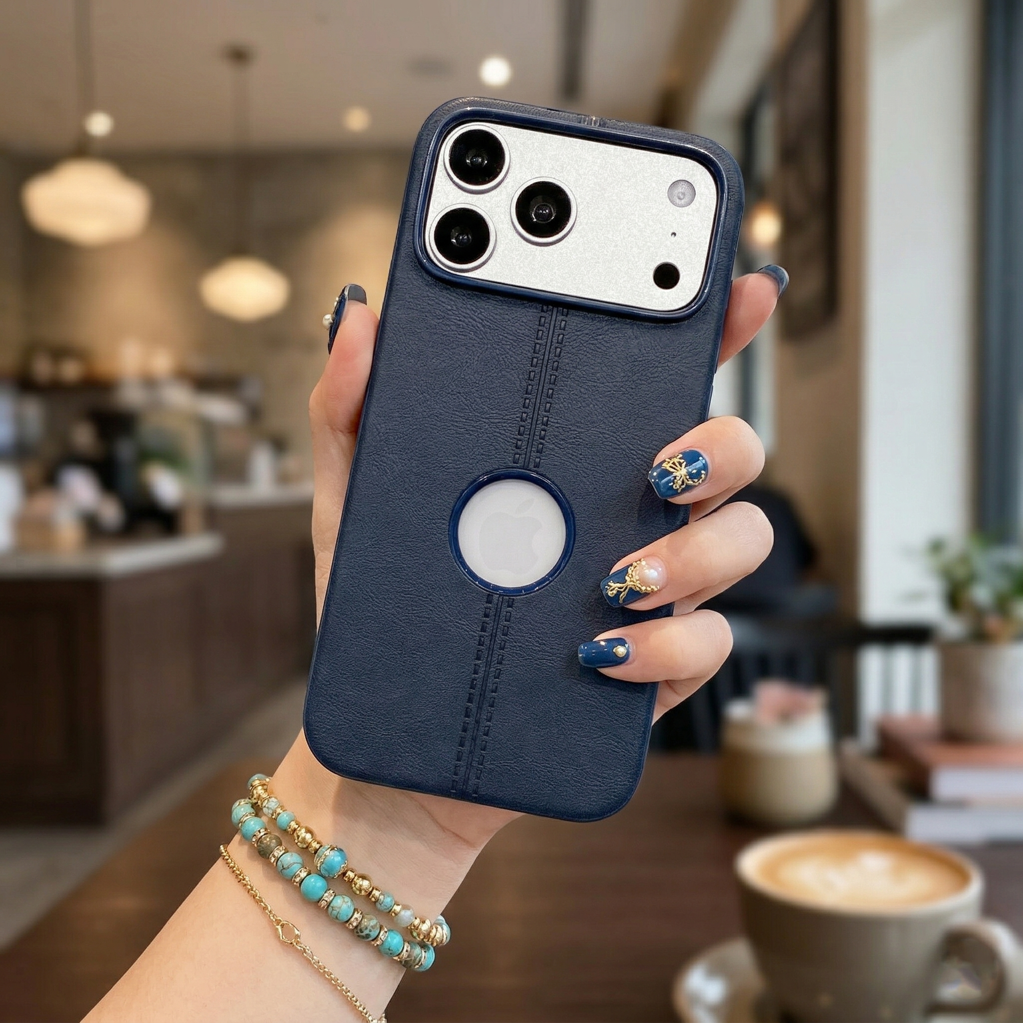 Premium Blue Leather Phone Case with Logo Cut & Matte Finish Silicone Phone Case For iPhone