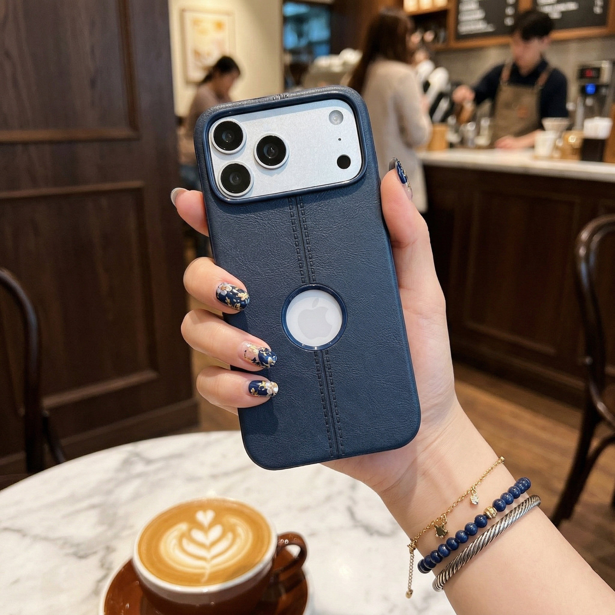 Premium Blue Leather Phone Case with Logo Cut & Matte Finish Silicone Phone Case For iPhone