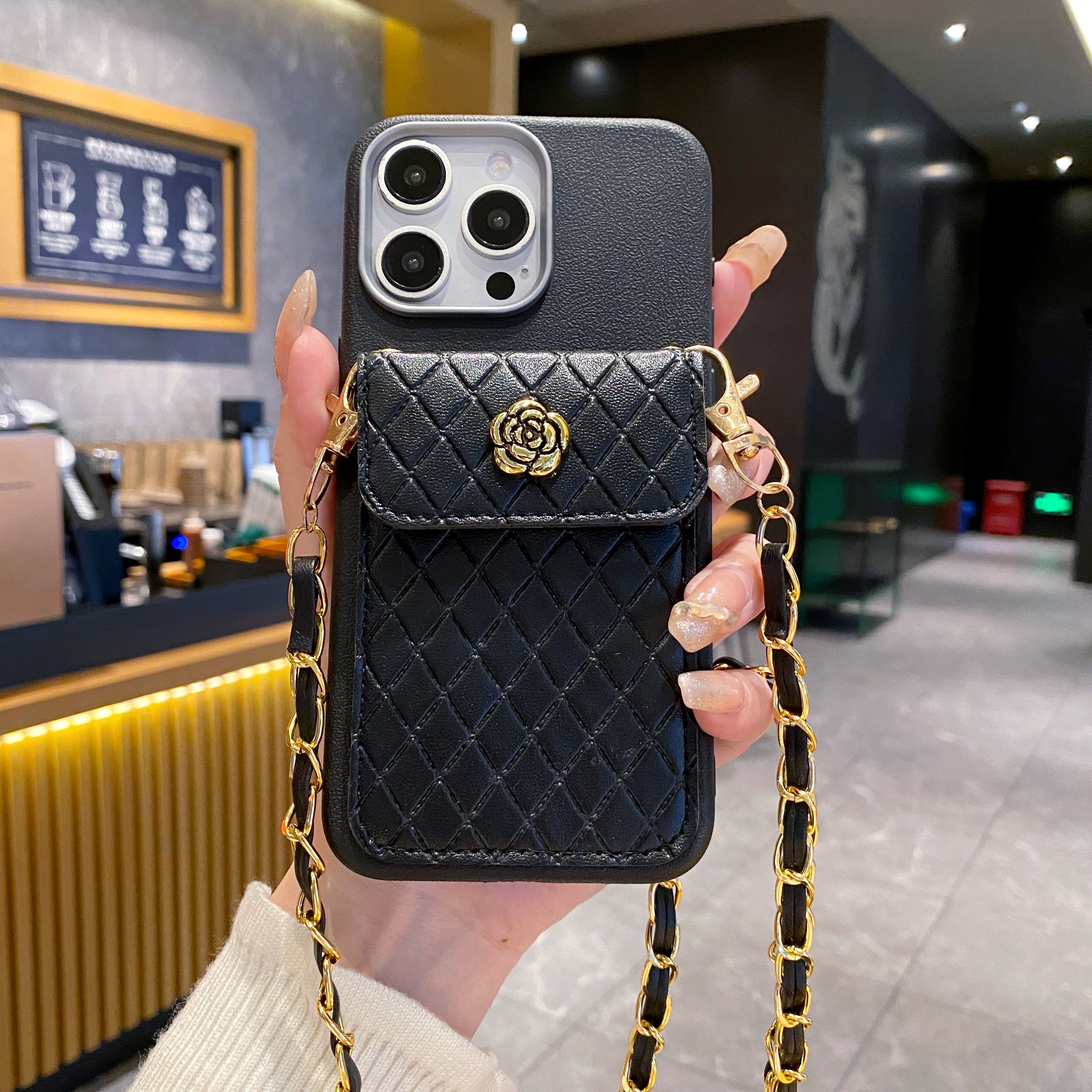 Black Crossbody With Golden Sling Silicone Phone Case For iPhone
