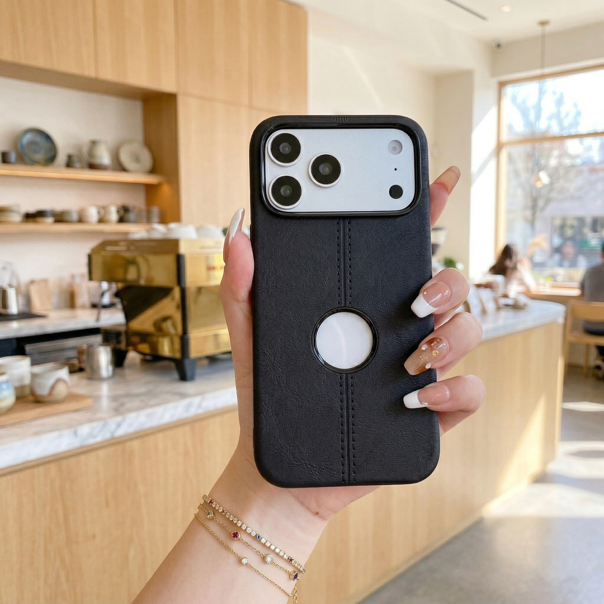 Premium Black Leather Phone Case with Logo Cut & Matte Finish Silicone Phone Case For iPhone