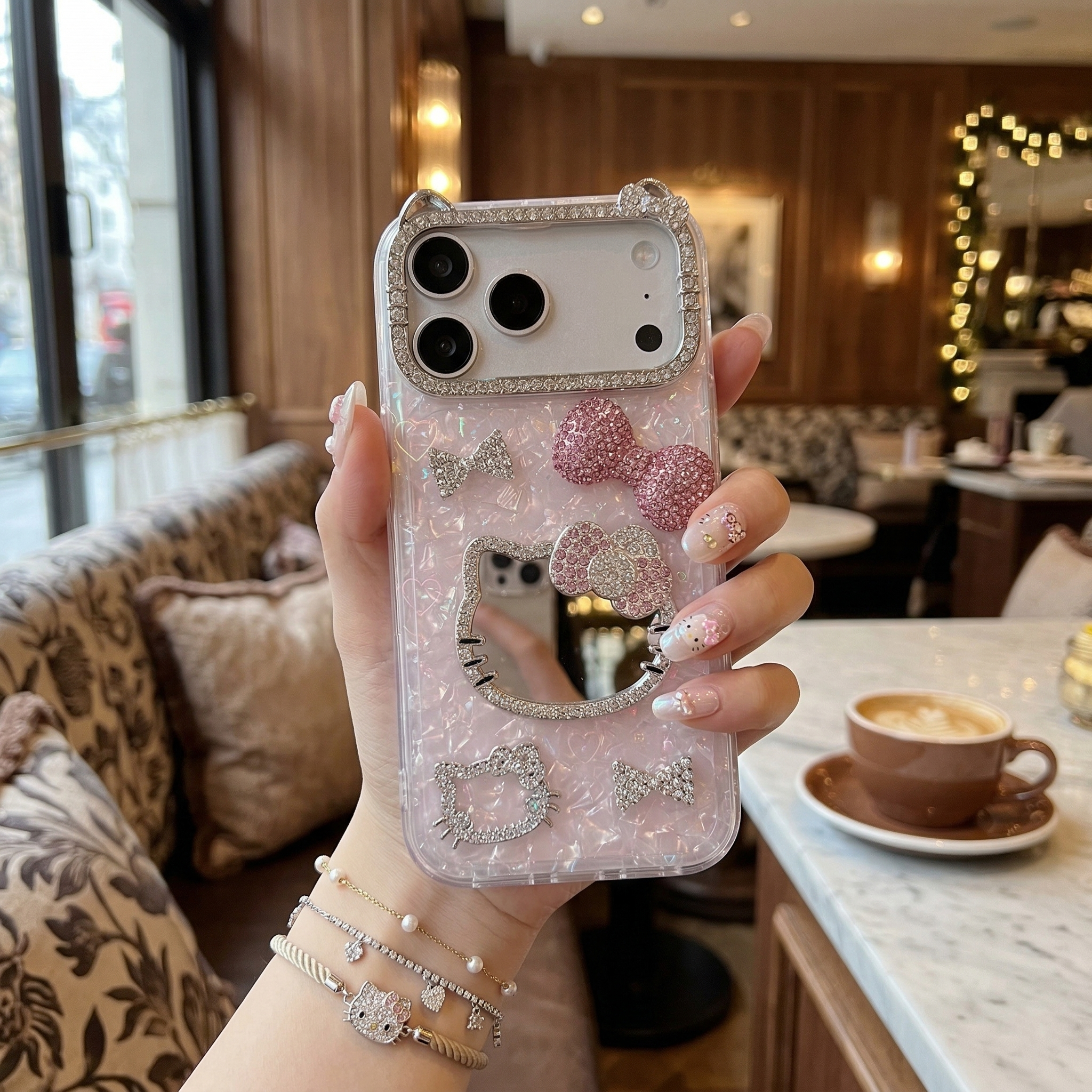 Celestial Shine Kitty Mirror Bow Dreamscape Silicone Case For iPhone