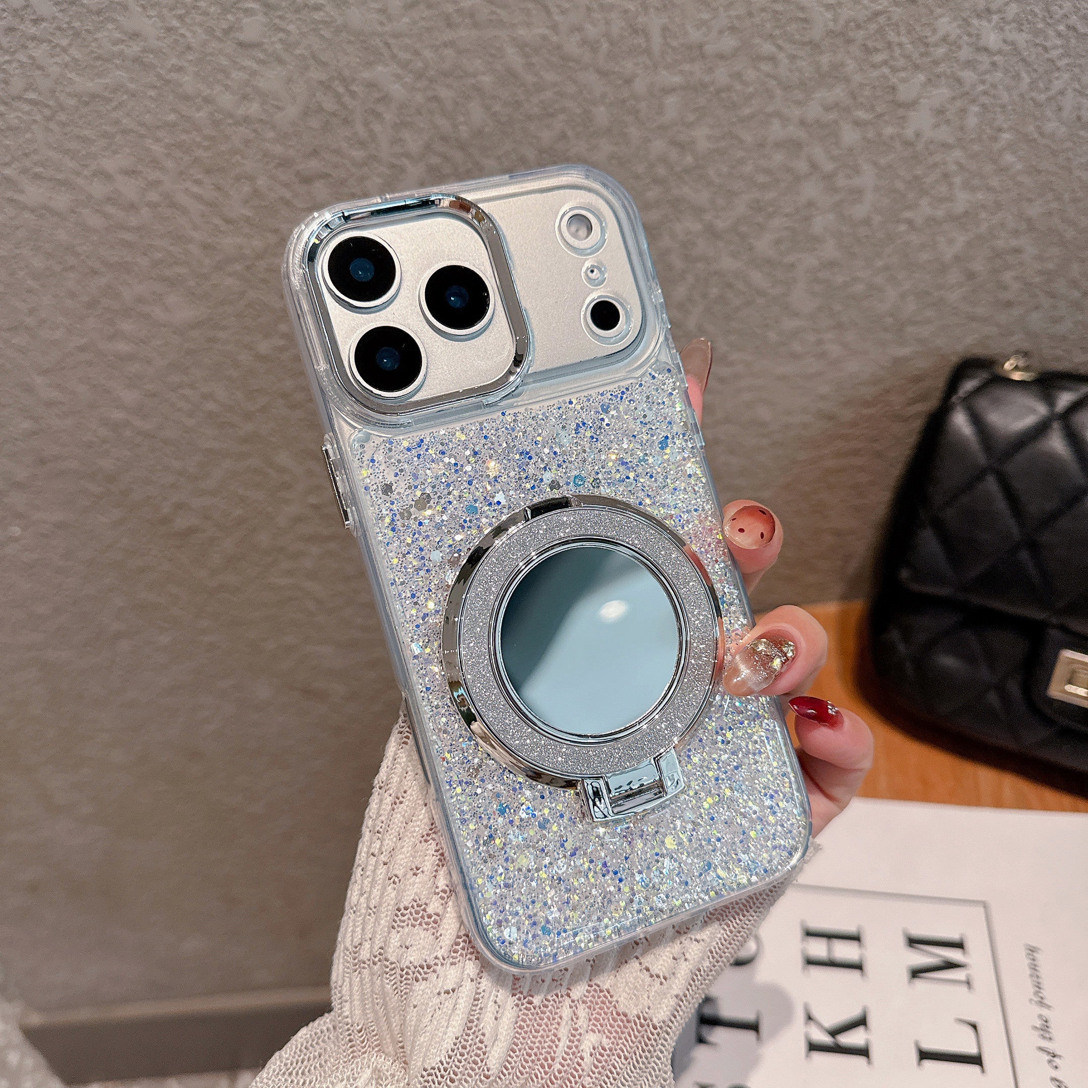 Shimmer Silver 2-in-1 Mirror Kickstand MagSafe Silicone Case With Pearl Wrist Strap For iPhone