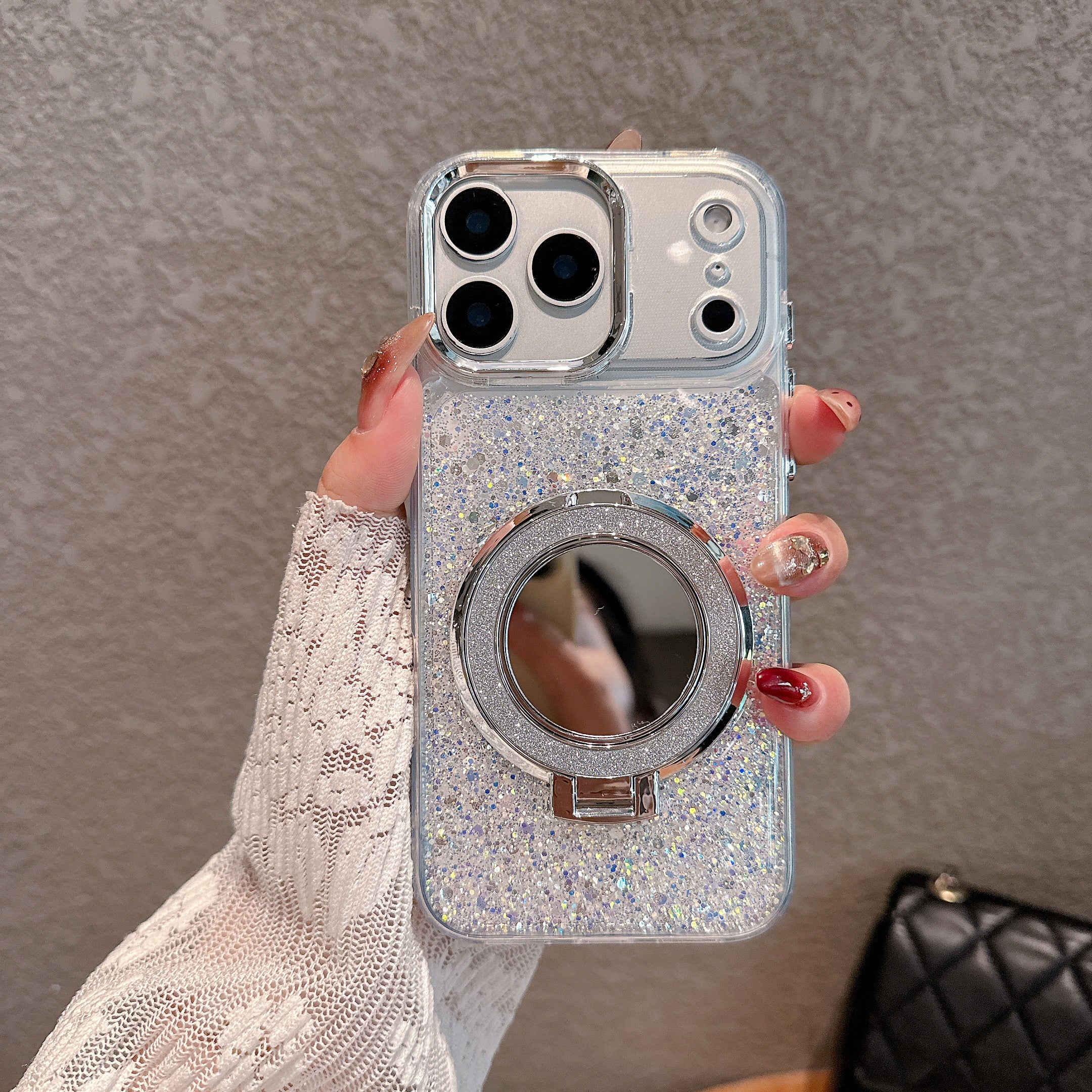 Shimmer Silver 2-in-1 Mirror Kickstand MagSafe Silicone Case With Pearl Wrist Strap For iPhone