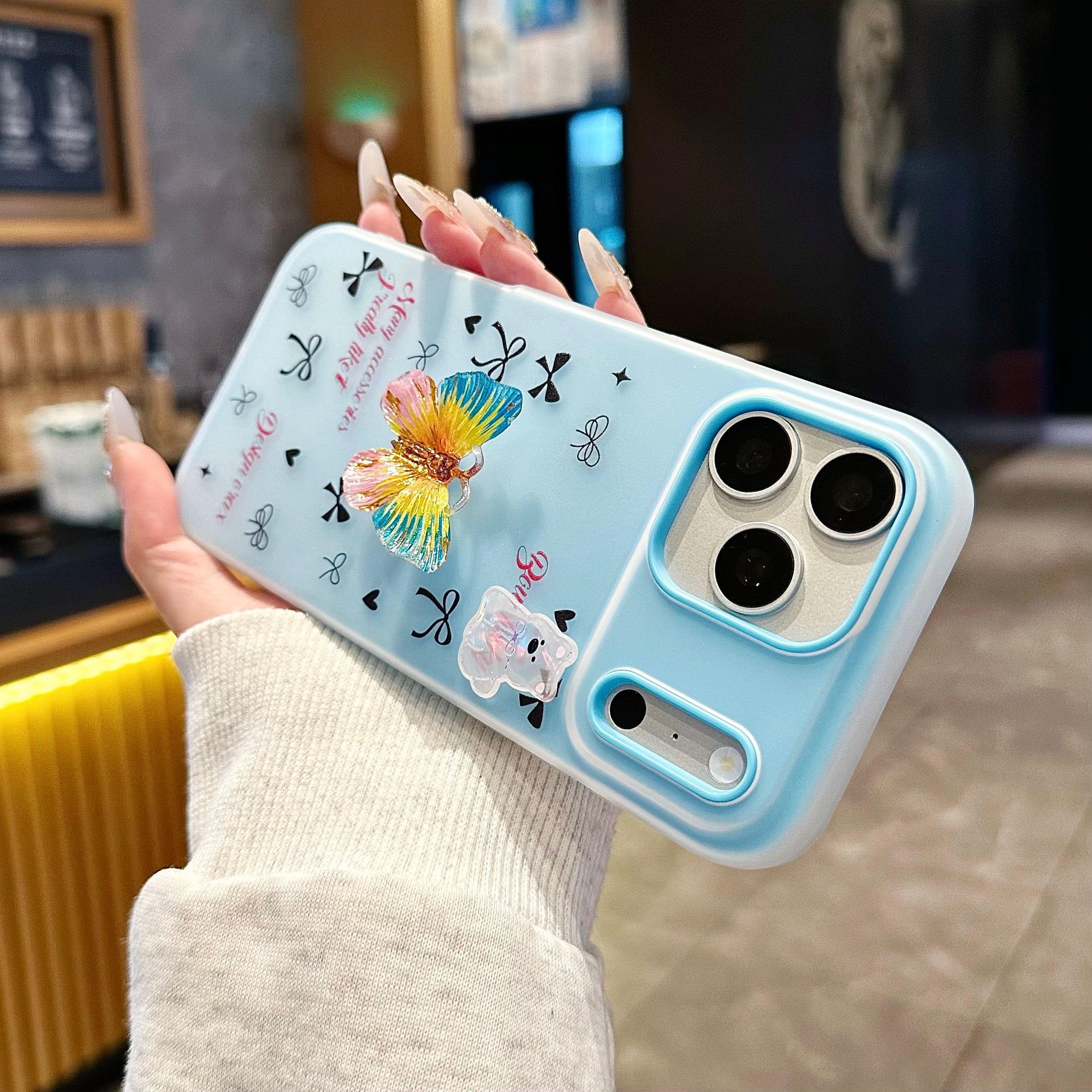 Soft Blue Butterfly Garden Case with Bows, Hearts & Luxe Charm Det