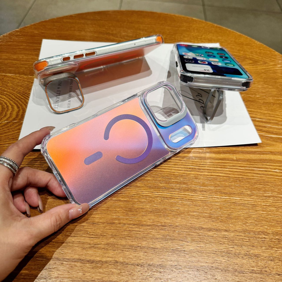 Holographic MagSafe iPhone Case with Camera Stand - Shockproof Clear Back Cover