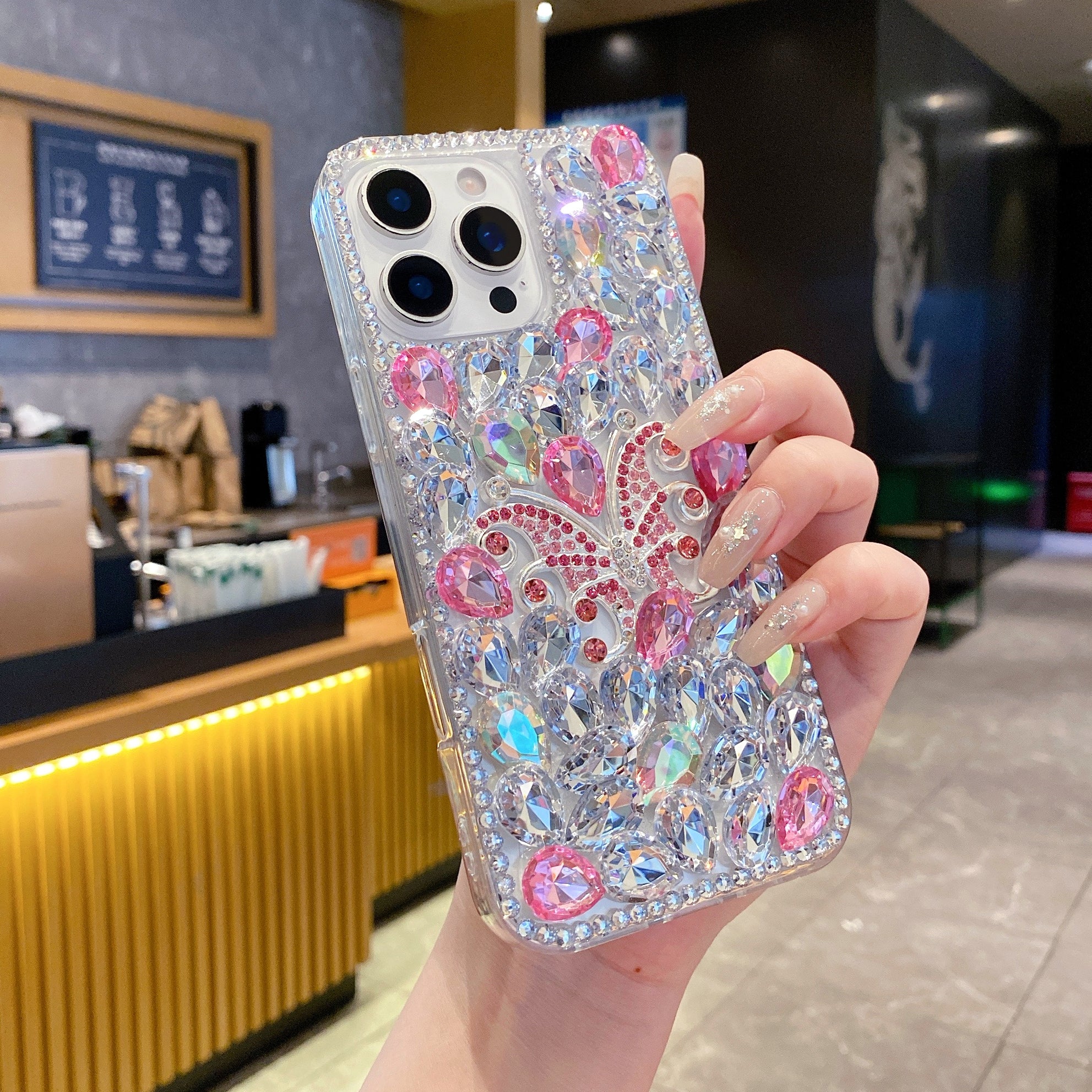 Diamond Butterfly Elite – Iridescent Pink & Silver Silicone Phone Cases For iPhone