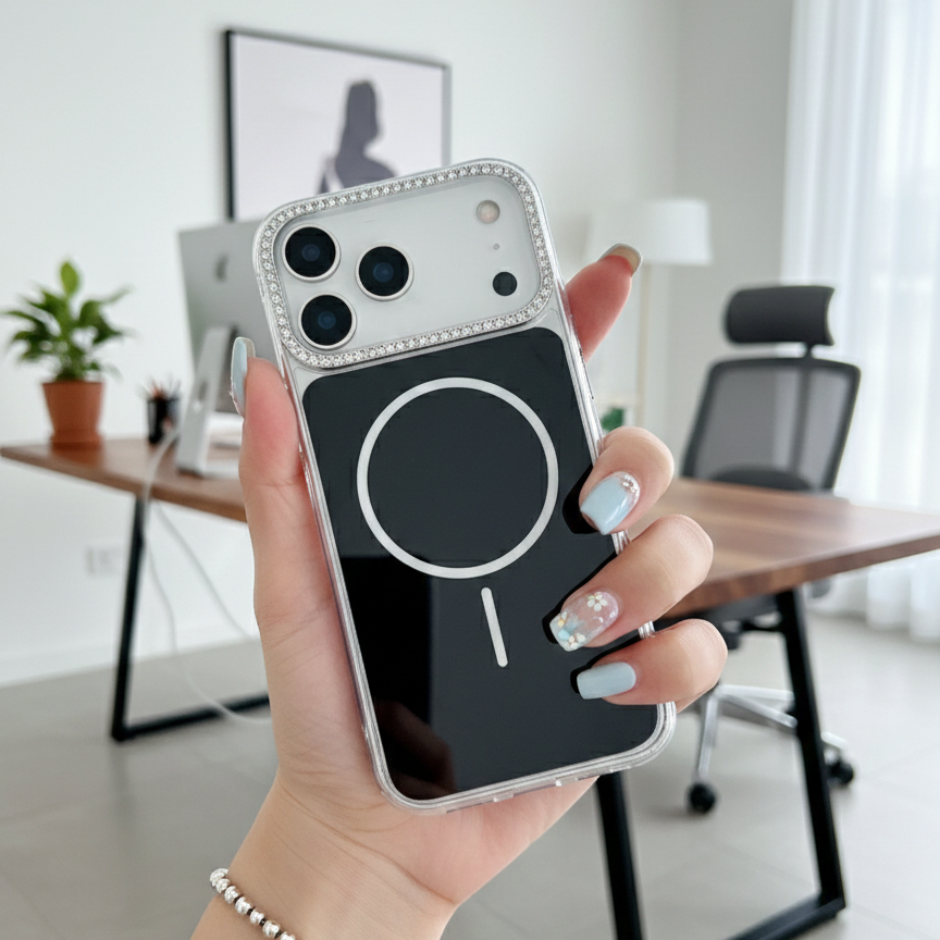 Black Rhinestone Crystal Guard MagSafe Case – Studded Camera & Border Silicone Phone Cases For iPhone