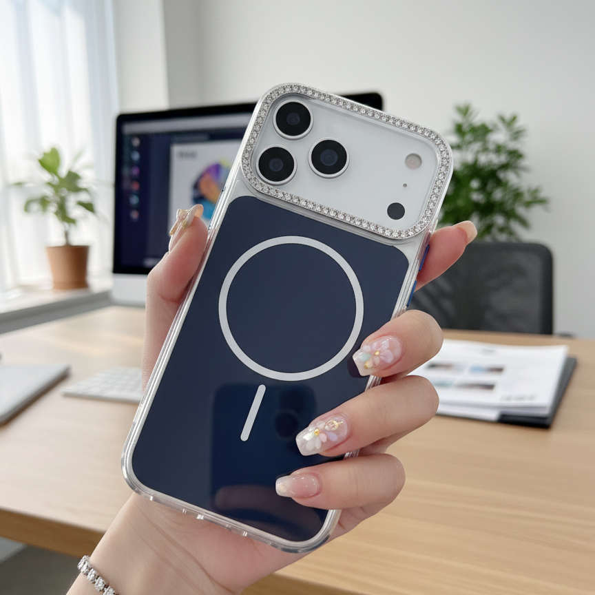 Blue Rhinestone Crystal Guard MagSafe Case – Studded Camera & Border Silicone Phone Cases For iPhone