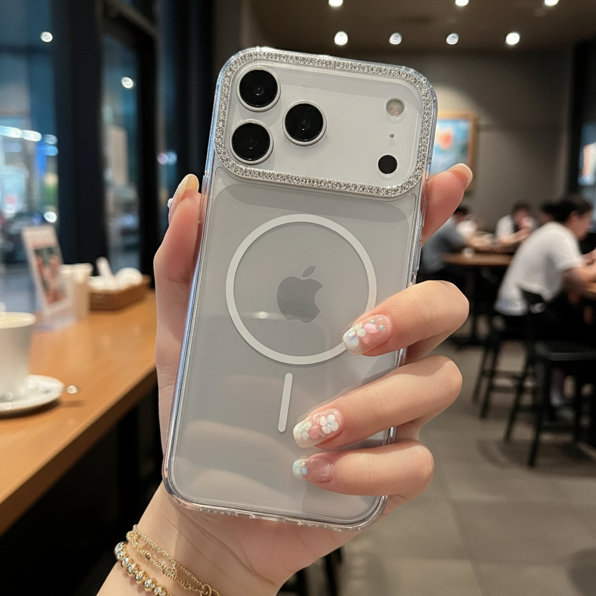 Silver Rhinestone Crystal Guard MagSafe Case – Studded Camera & Border Silicone Phone Cases For iPhone