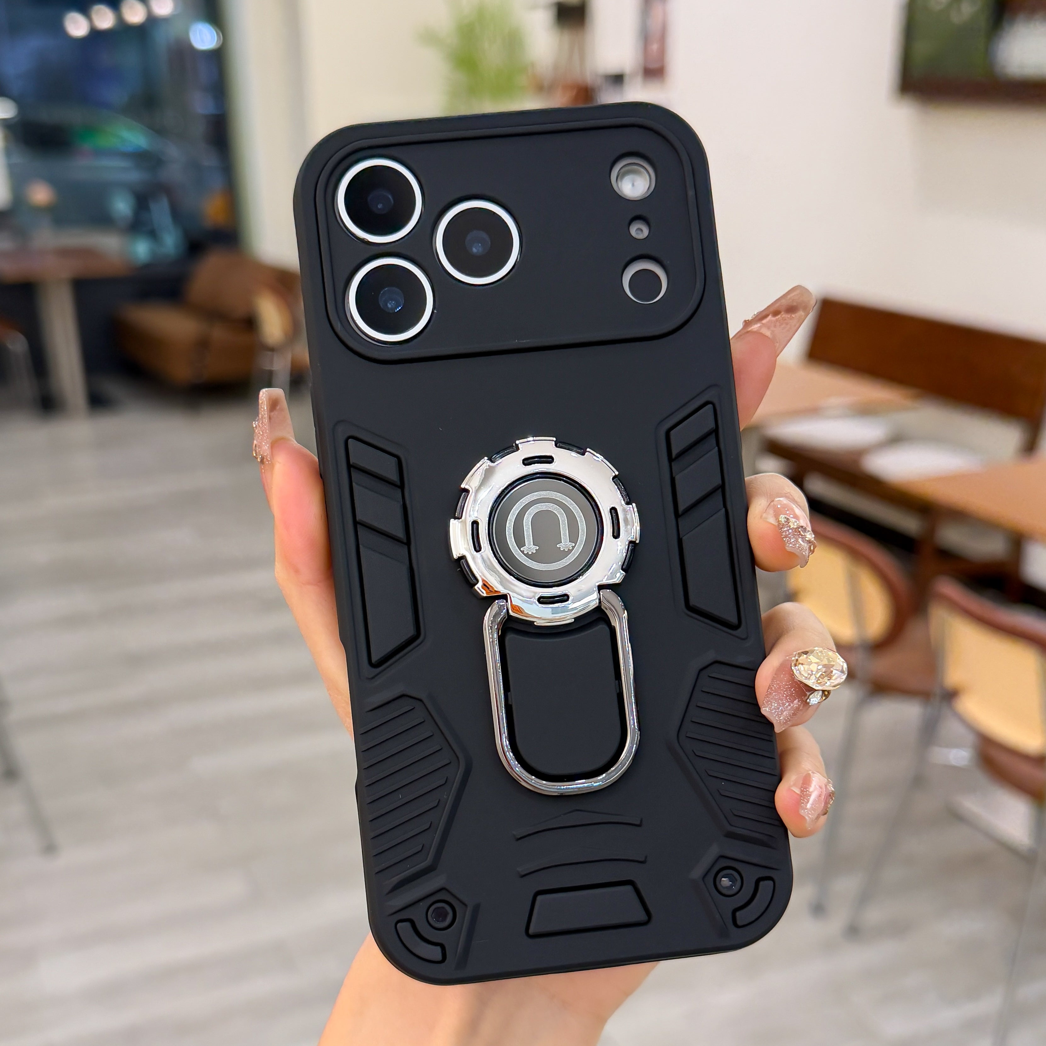 ShadowShield – Matte Black Armor Case with Ring Kickstand Silicone Phone Cases For iPhone