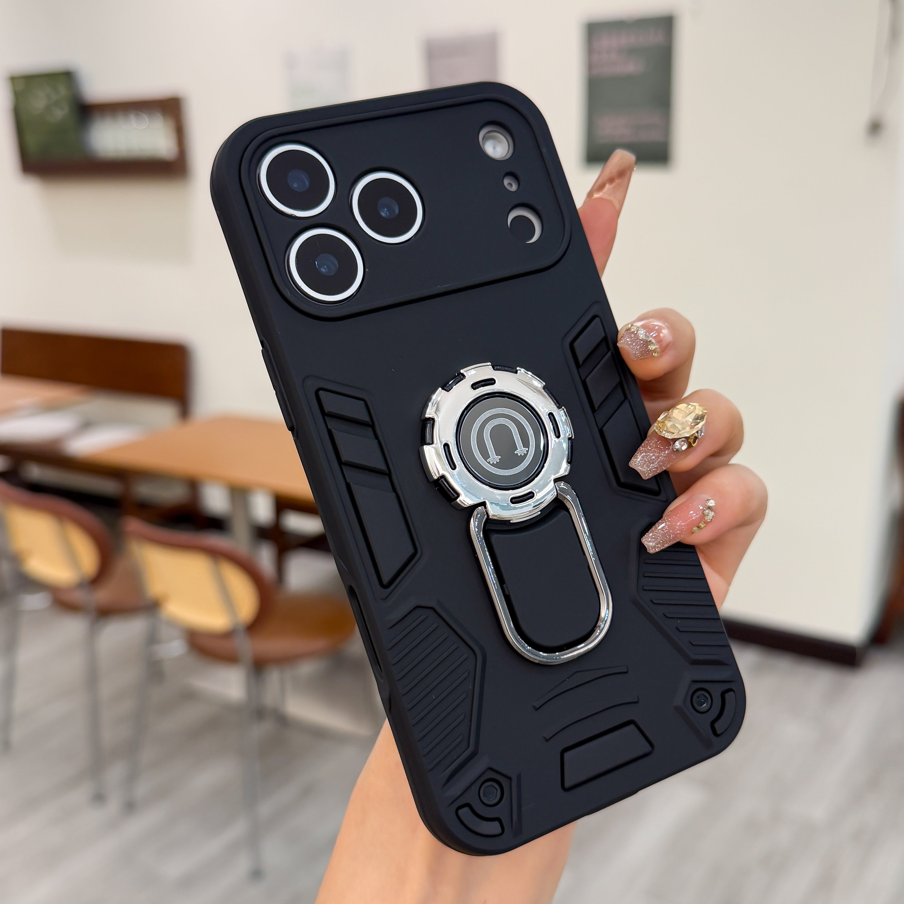 ShadowShield – Matte Black Armor Case with Ring Kickstand Silicone Phone Cases For iPhone