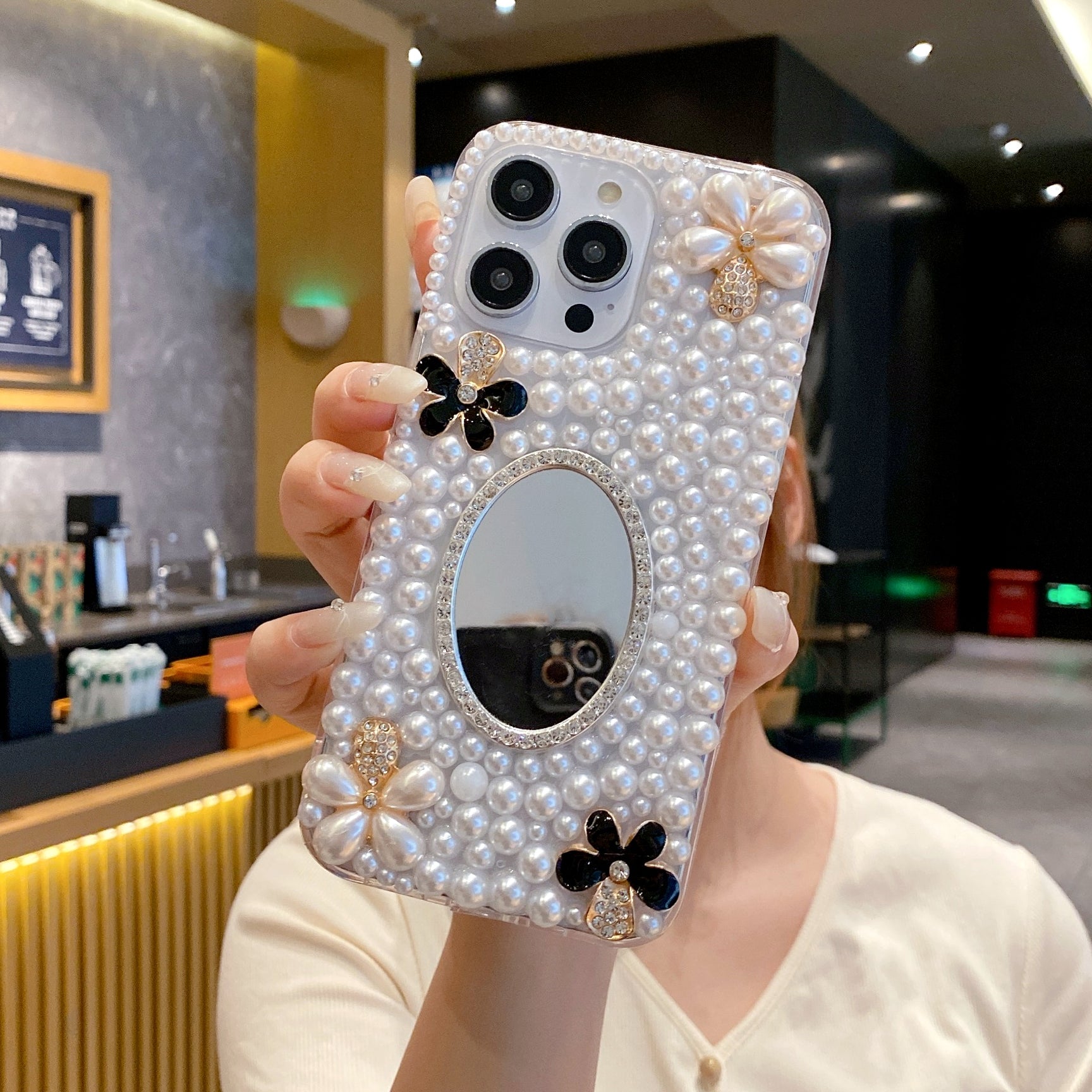 Luxury Pearl 3D Floral Case with Makeup Mirror for iPhone