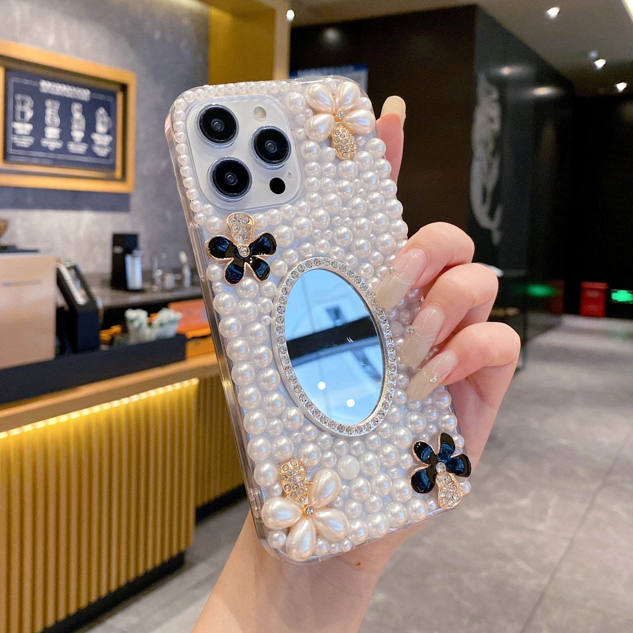 Luxury Pearl 3D Floral Case with Makeup Mirror for iPhone