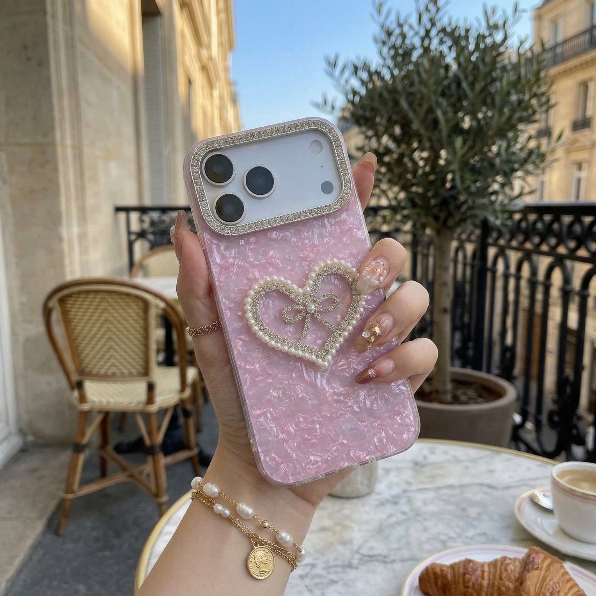 The Serene Sovereign: Pearl-Encrusted Heart with Diamond Bow Lavender Art Silicone Case For iPhone