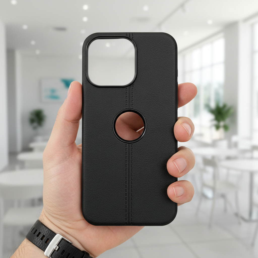 Premium Black Leather Phone Case with Logo Cut & Matte Finish Silicone Phone Case For iPhone
