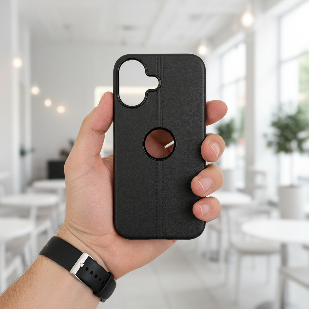Premium Black Leather Phone Case with Logo Cut & Matte Finish Silicone Phone Case For iPhone