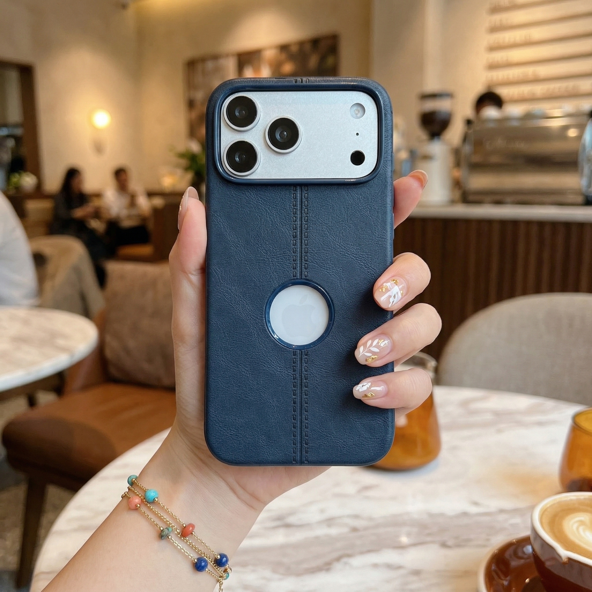 Premium Blue Leather Phone Case with Logo Cut & Matte Finish Silicone Phone Case For iPhone