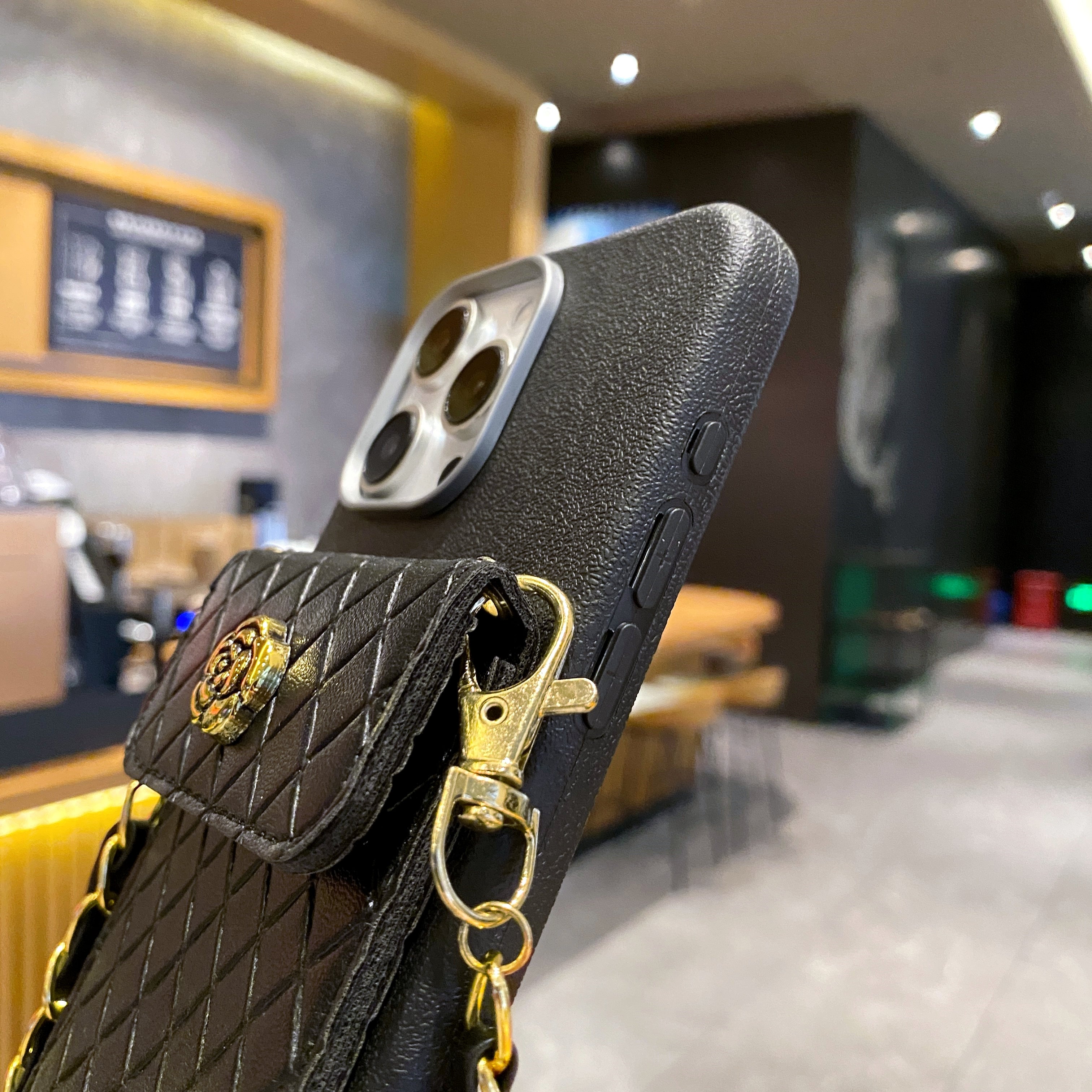 Black Crossbody With Golden Sling Silicone Phone Case For iPhone