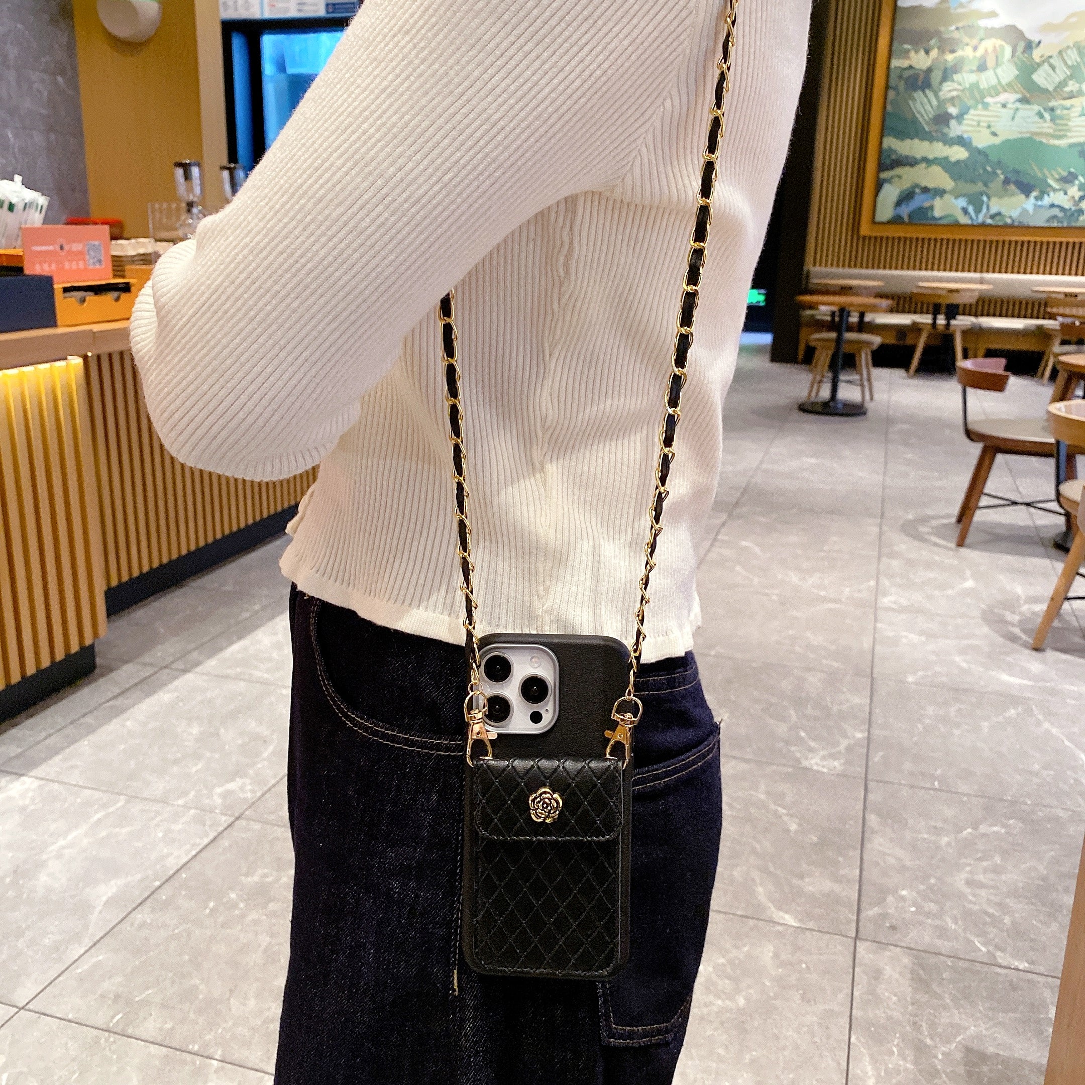 Black Crossbody With Golden Sling Silicone Phone Case For iPhone