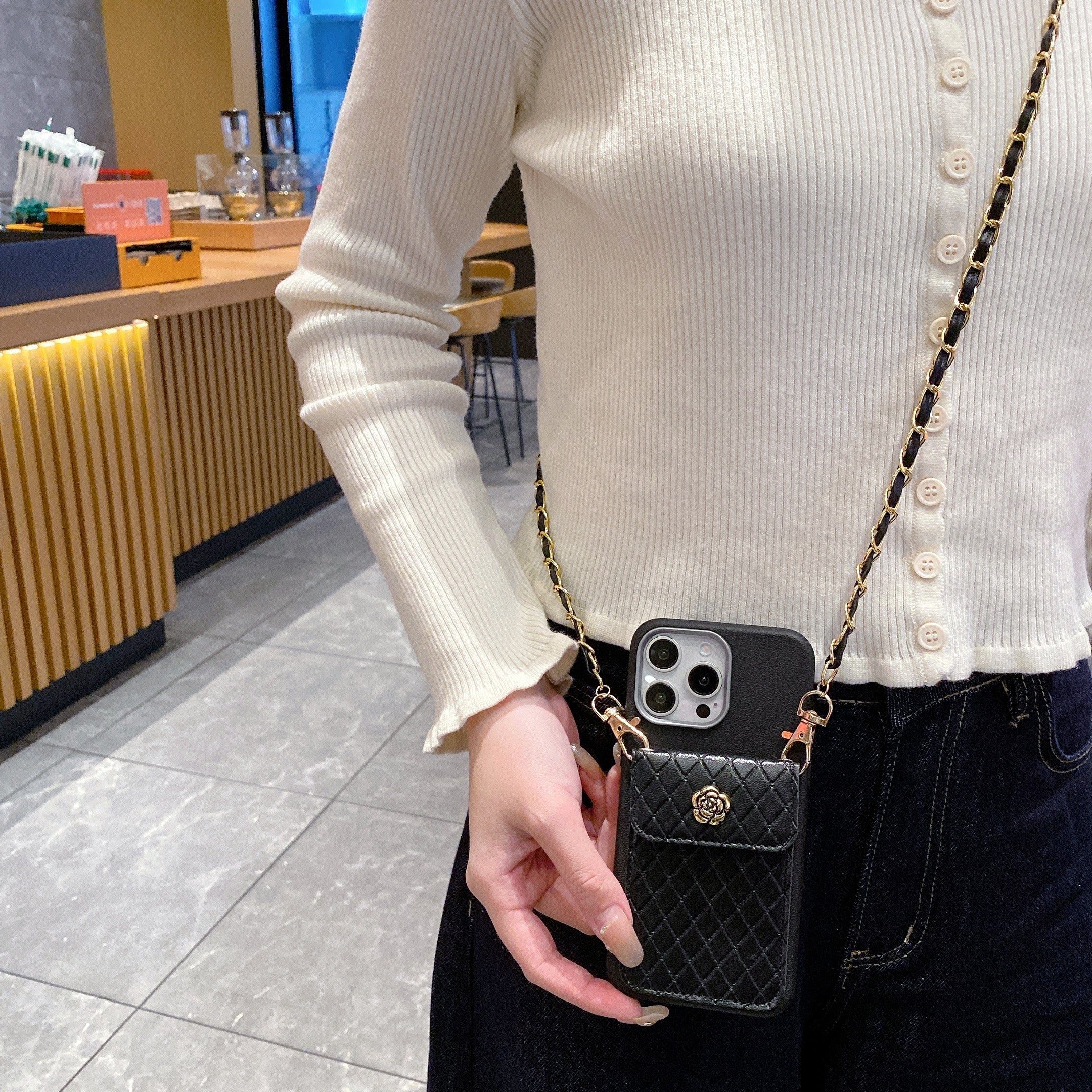 Black Crossbody With Golden Sling Silicone Phone Case For iPhone