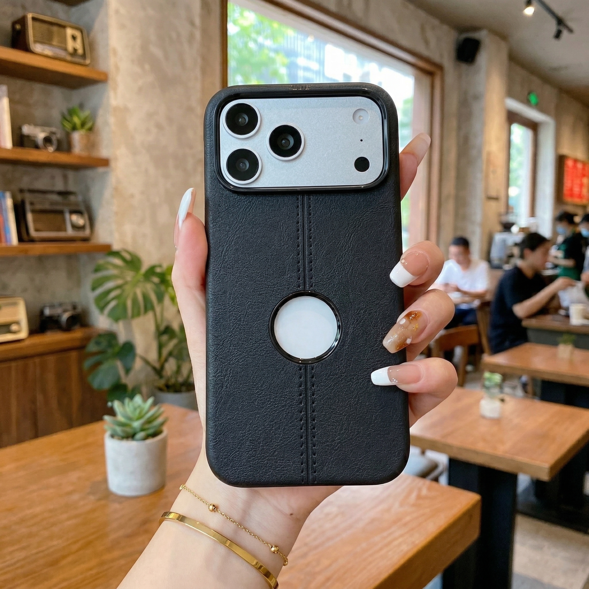Premium Black Leather Phone Case with Logo Cut & Matte Finish Silicone Phone Case For iPhone