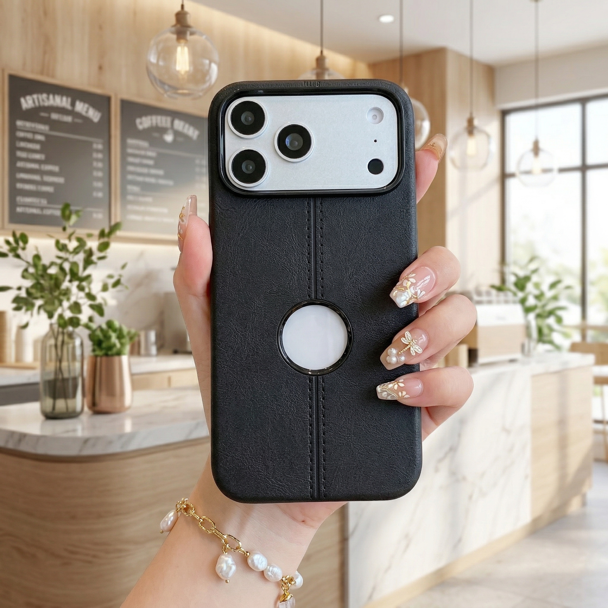 Premium Black Leather Phone Case with Logo Cut & Matte Finish Silicone Phone Case For iPhone