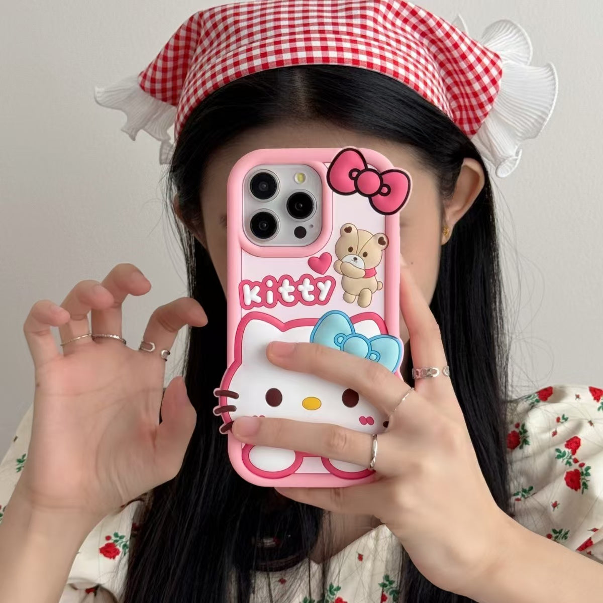 Kitty & Teddy Bear Bow Silicone Phone Case For iPhone