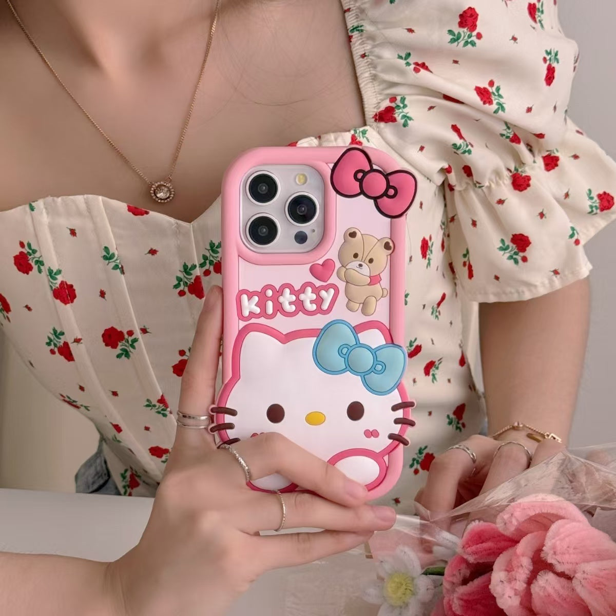 Kitty & Teddy Bear Bow Silicone Phone Case For iPhone