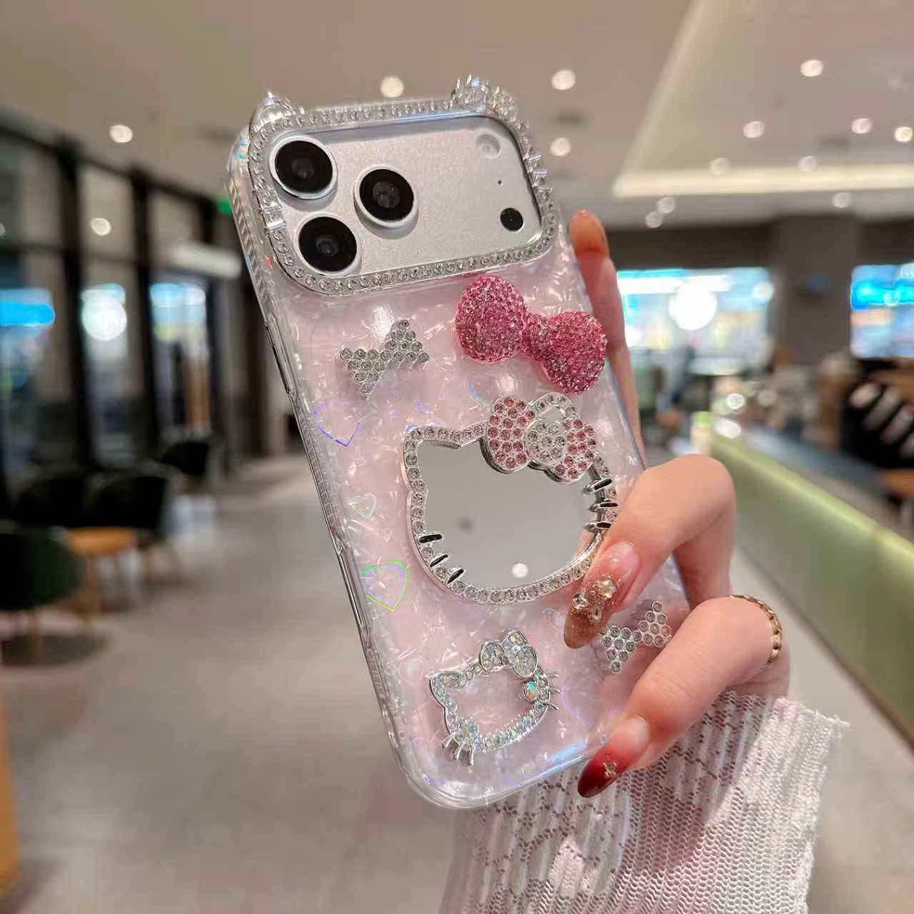 Celestial Shine Kitty Mirror Bow Dreamscape Silicone Case For iPhone