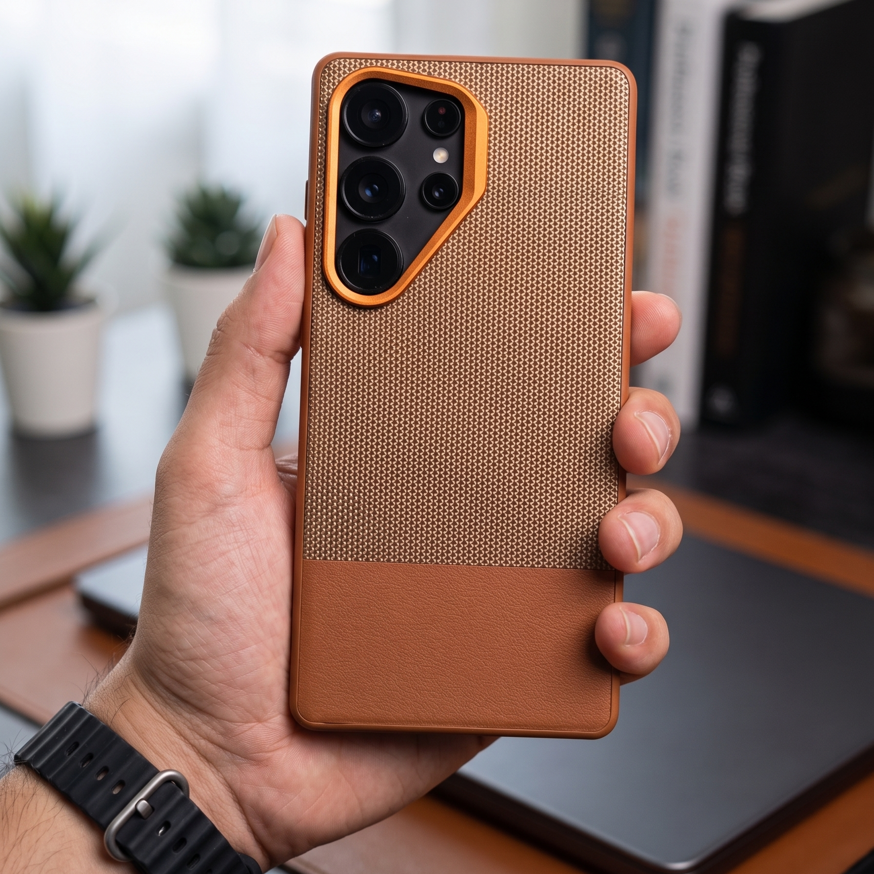 Hand holding a phone with a brown textured case in an indoor setting