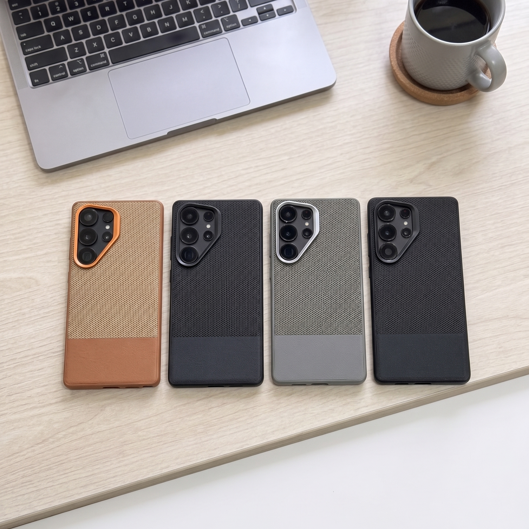Four phone cases displayed on a desk with a laptop and coffee cup in the background.