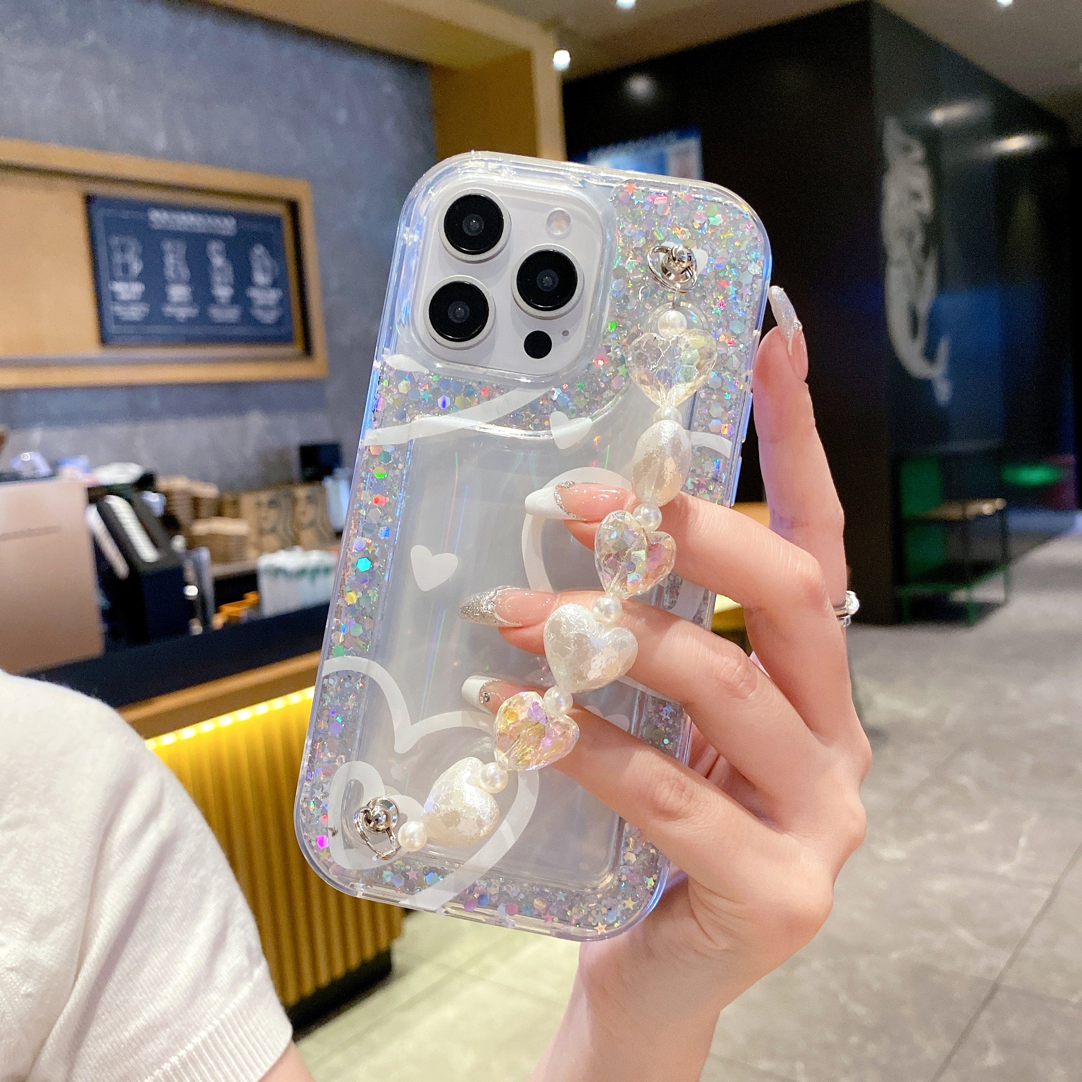 Heart-Shaped Pearls + Holographic Glitter Silicone Phone Cases For iPhone