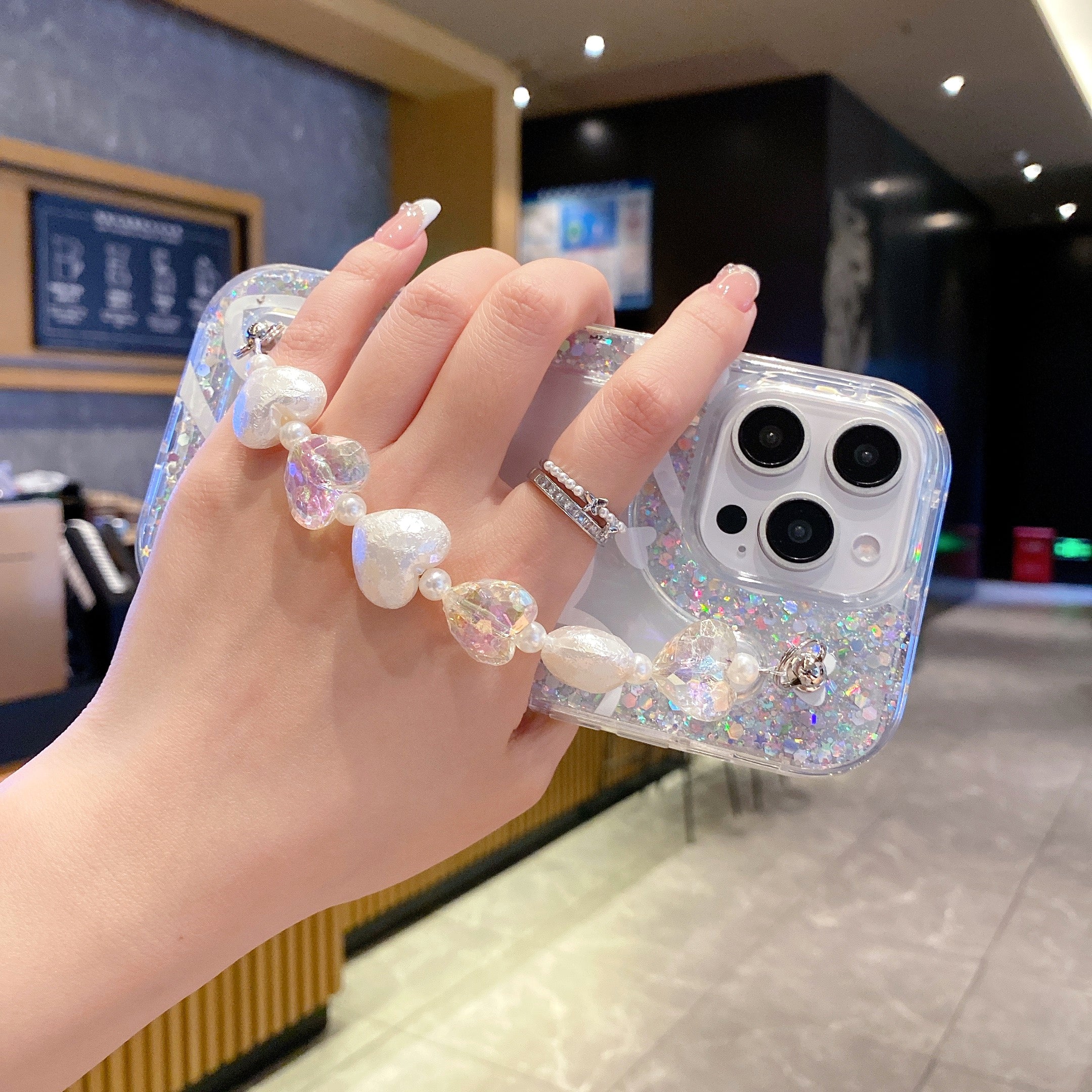 Heart-Shaped Pearls + Holographic Glitter Silicone Phone Cases For iPhone