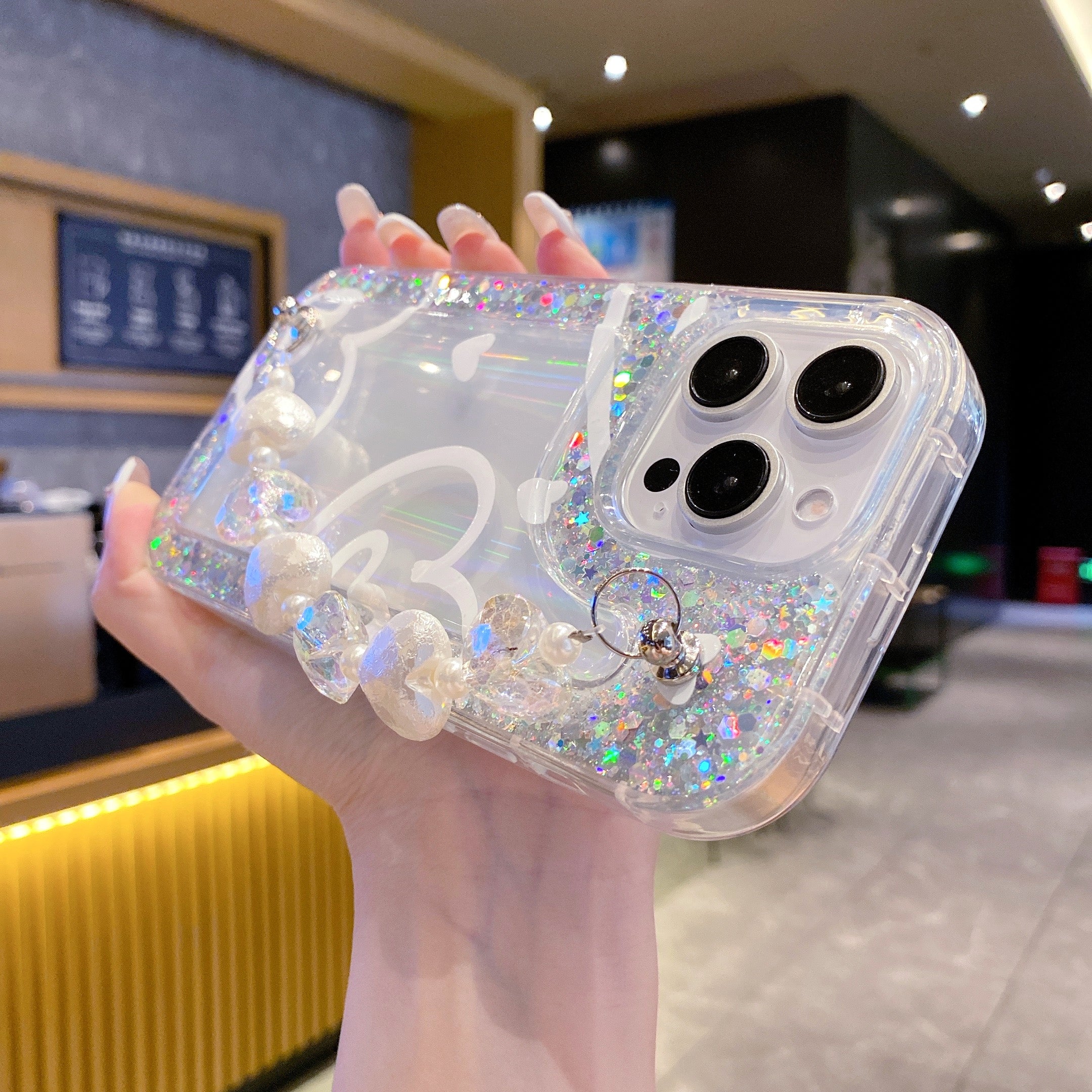 Heart-Shaped Pearls + Holographic Glitter Silicone Phone Cases For iPhone