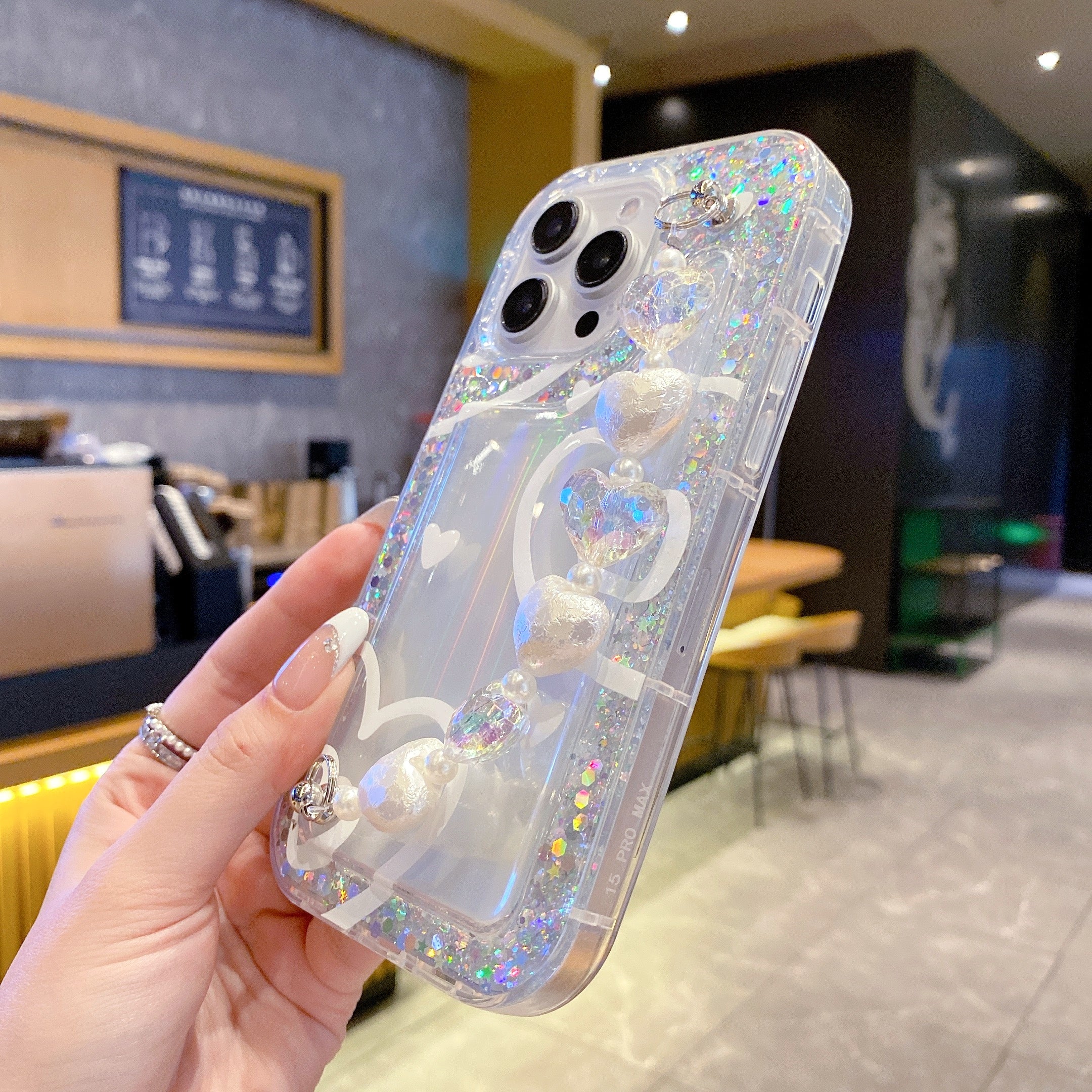 Heart-Shaped Pearls + Holographic Glitter Silicone Phone Cases For iPhone