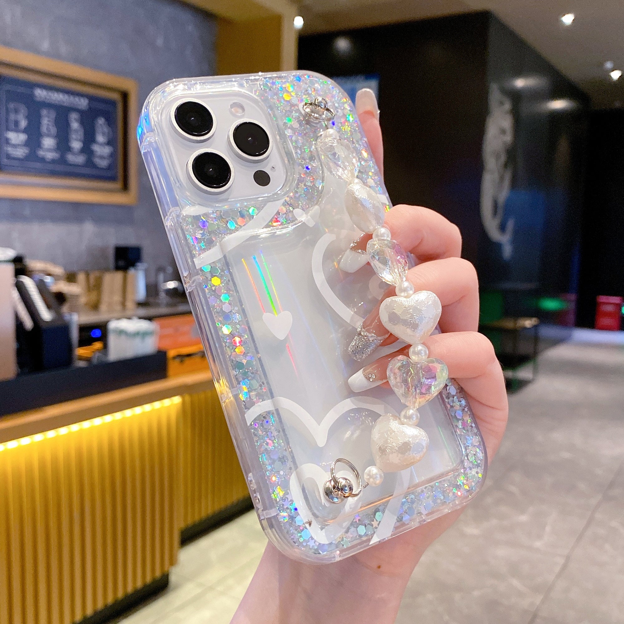 Heart-Shaped Pearls + Holographic Glitter Silicone Phone Cases For iPhone