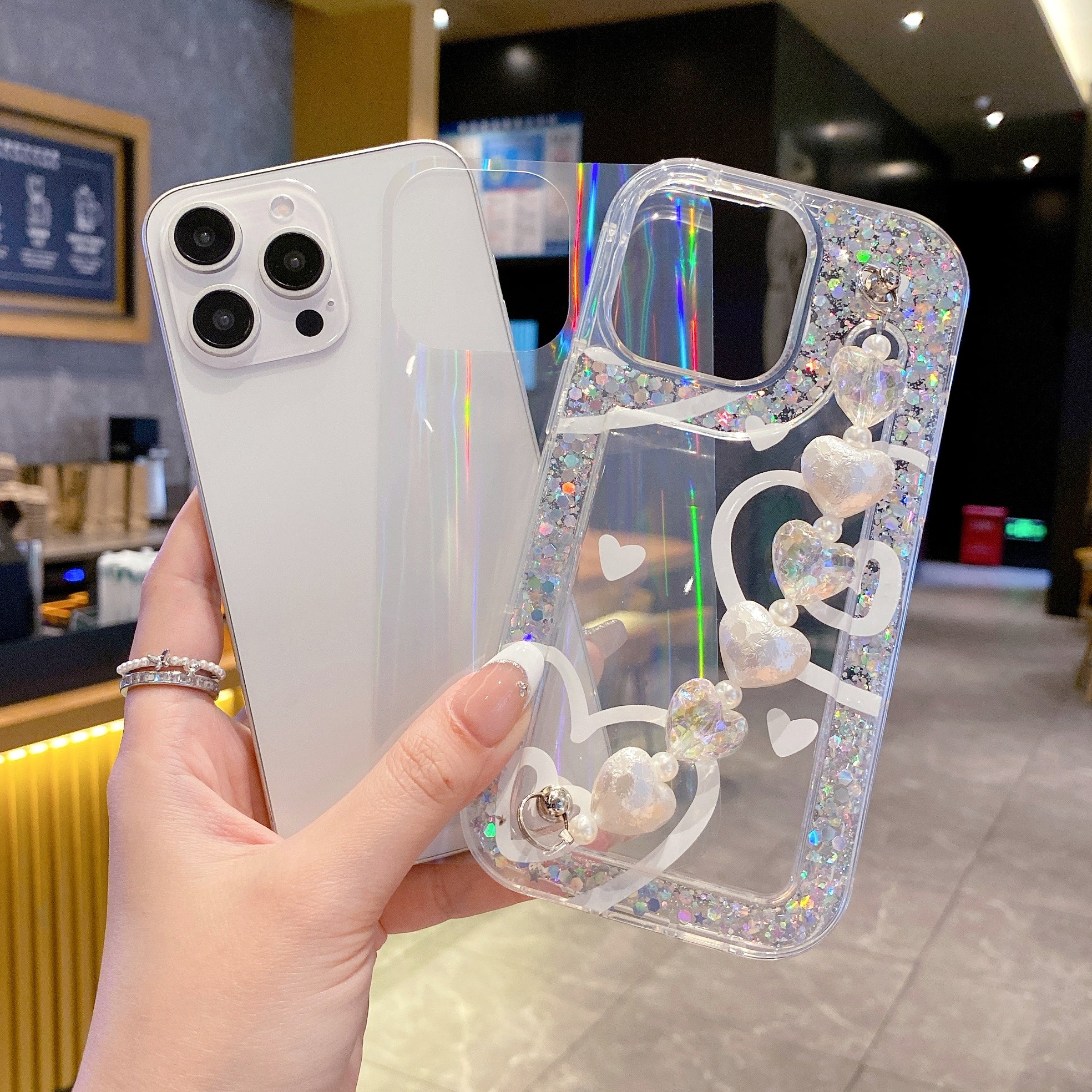 Heart-Shaped Pearls + Holographic Glitter Silicone Phone Cases For iPhone