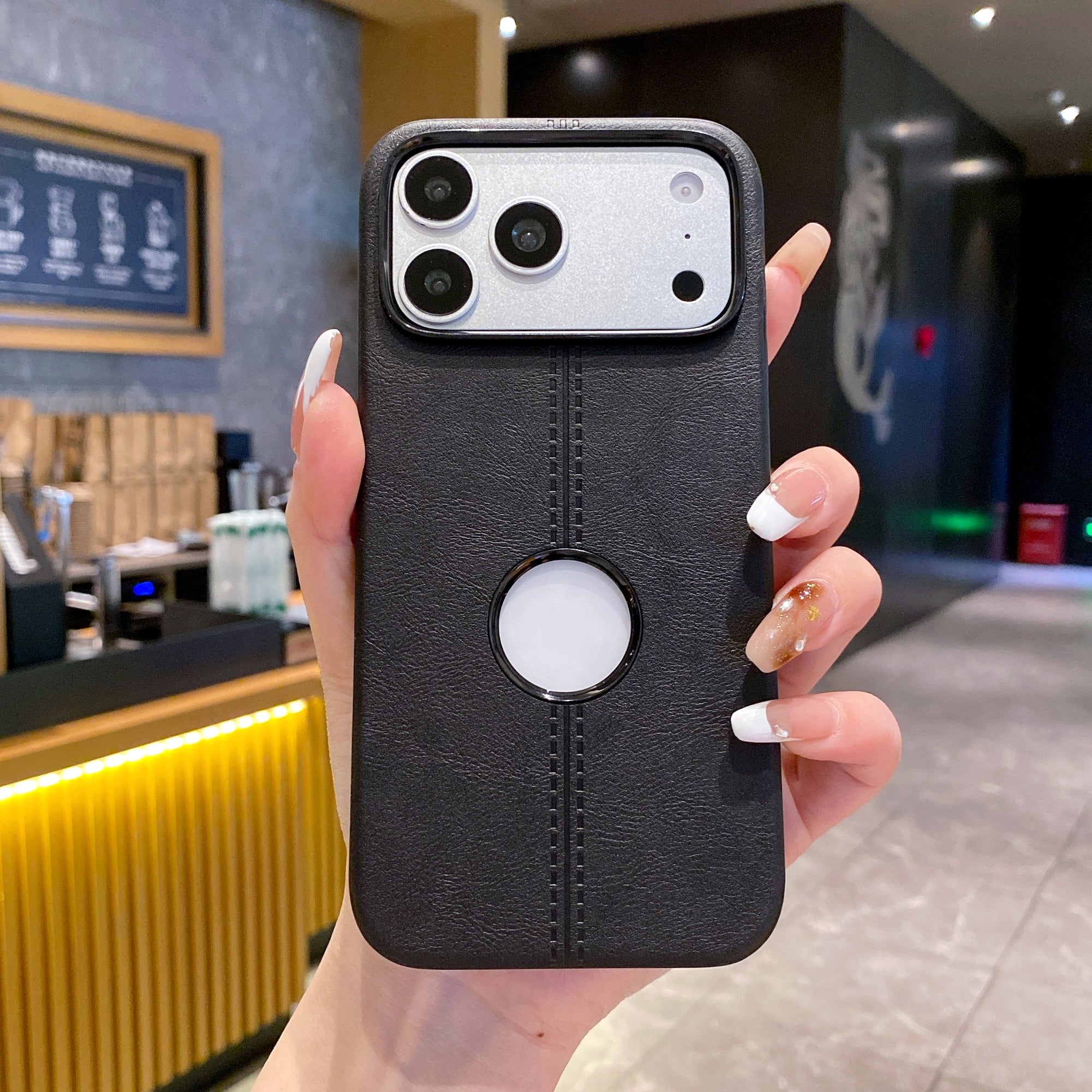 Premium Black Leather Phone Case with Logo Cut & Matte Finish Silicone Phone Case For iPhone