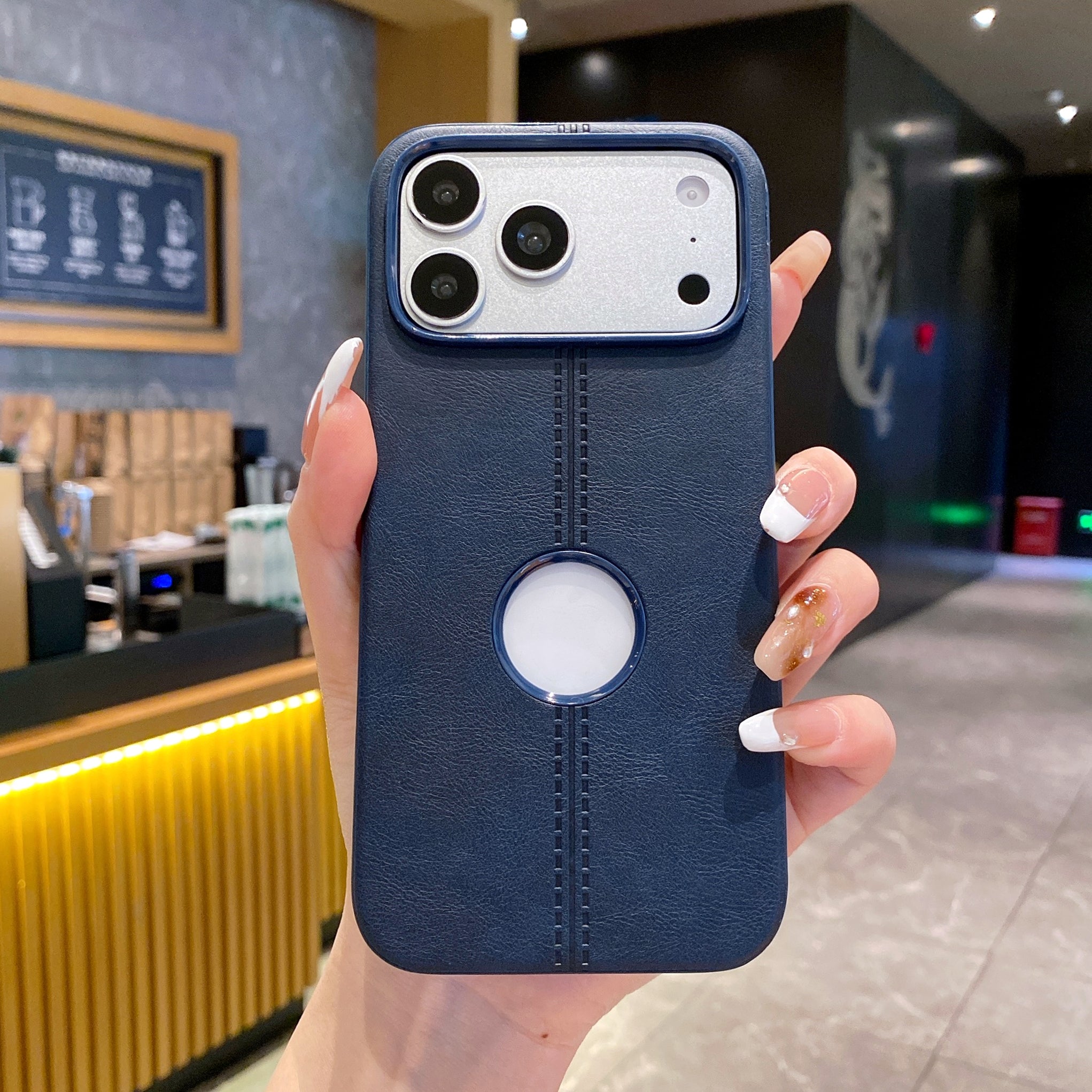 Premium Blue Leather Phone Case with Logo Cut & Matte Finish Silicone Phone Case For iPhone