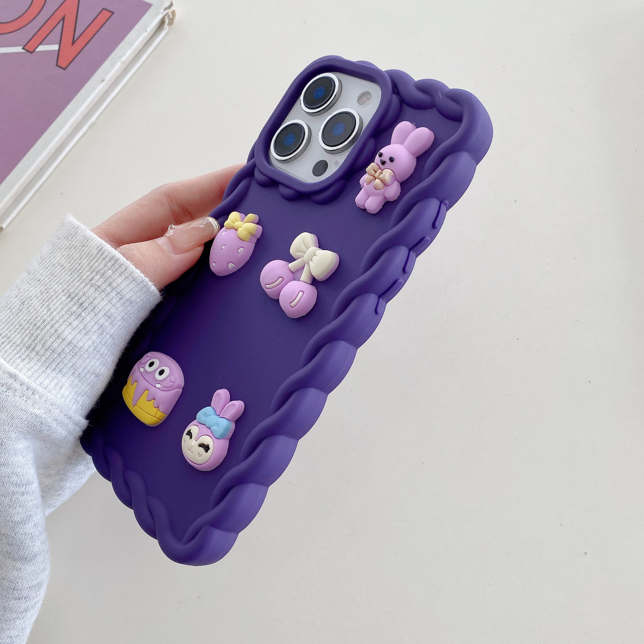 Purple Wavy Border With Little Friends Silicone Phone Cases For iPhone