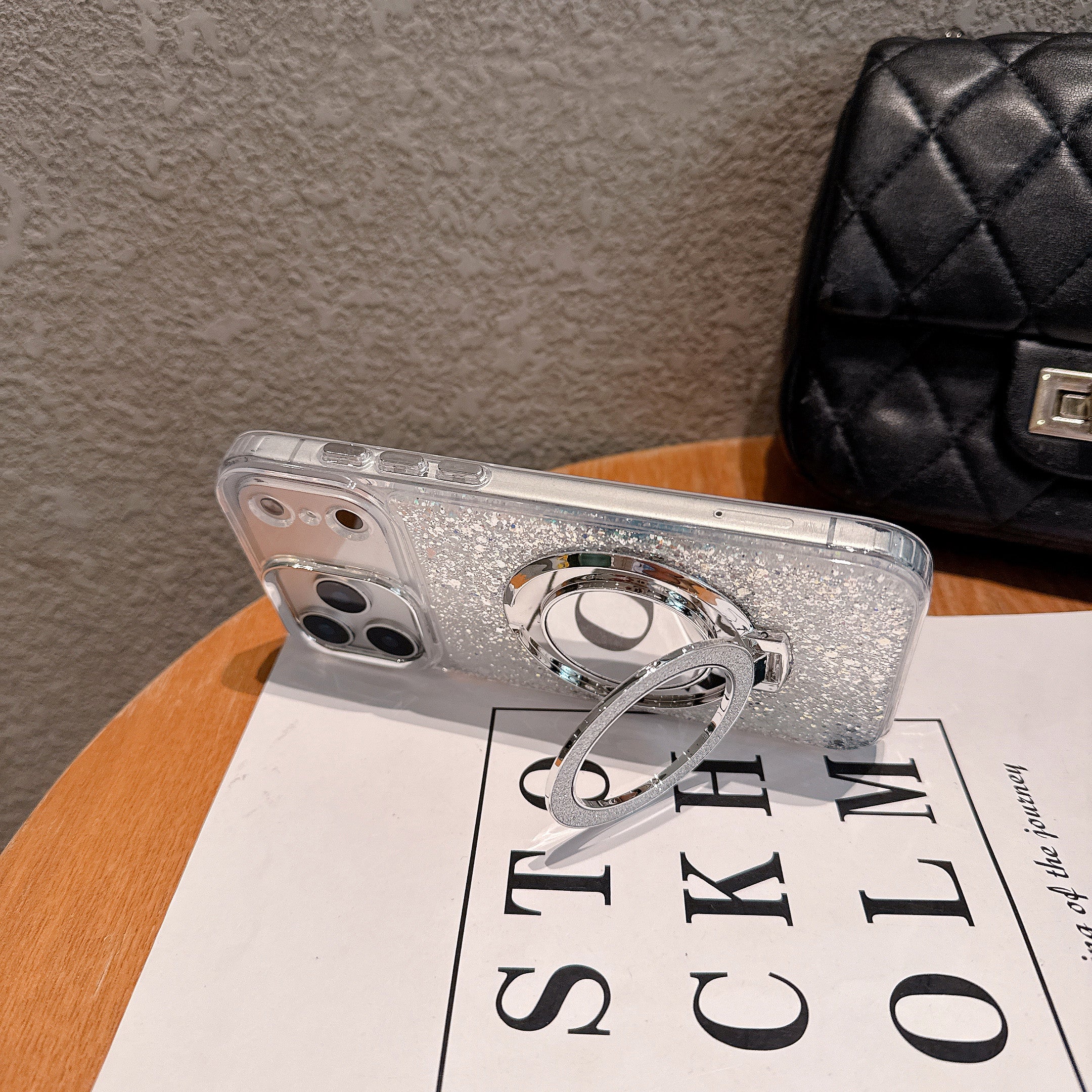 Shimmer Silver 2-in-1 Mirror Kickstand MagSafe Silicone Case With Pearl Wrist Strap For iPhone