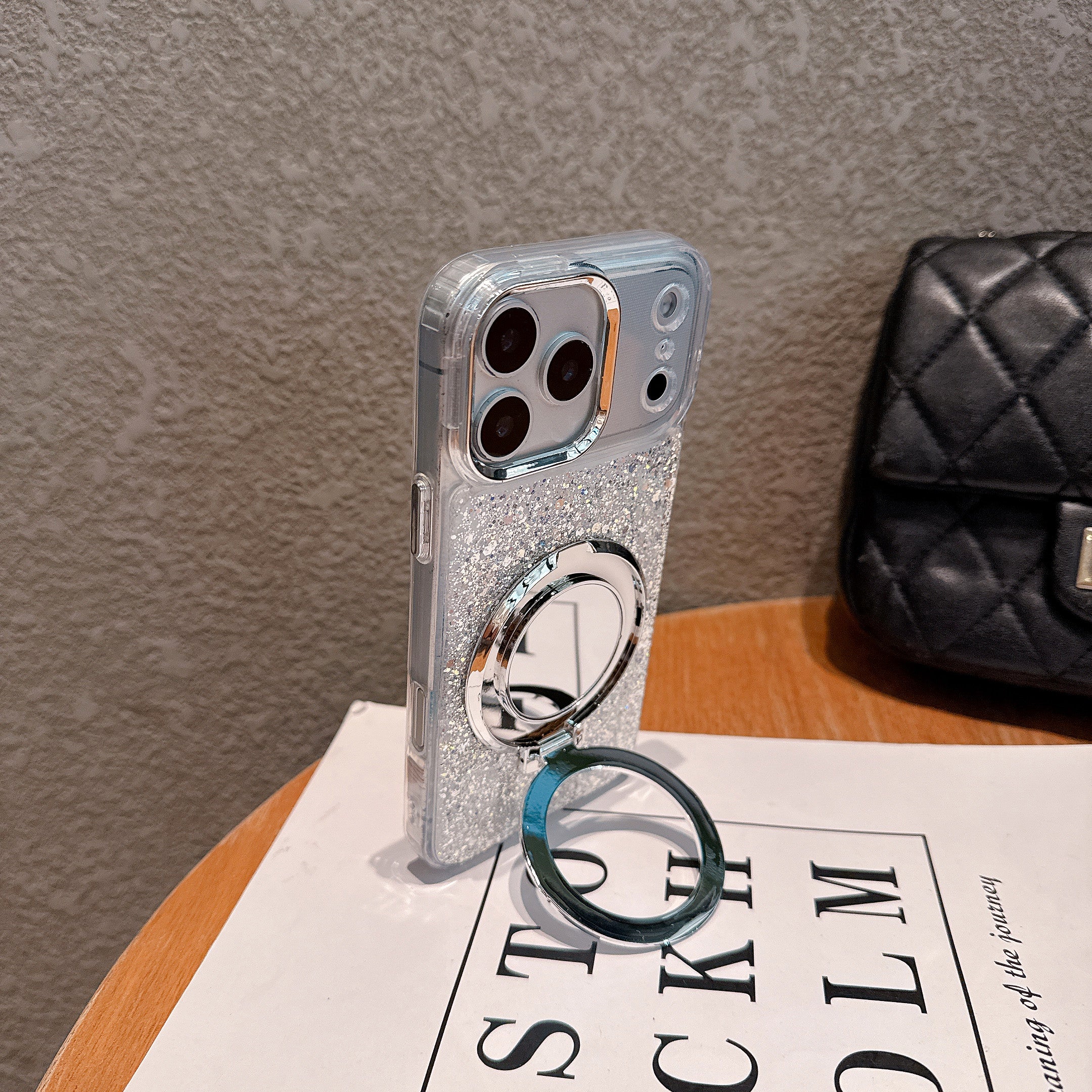 Shimmer Silver 2-in-1 Mirror Kickstand MagSafe Silicone Case With Pearl Wrist Strap For iPhone