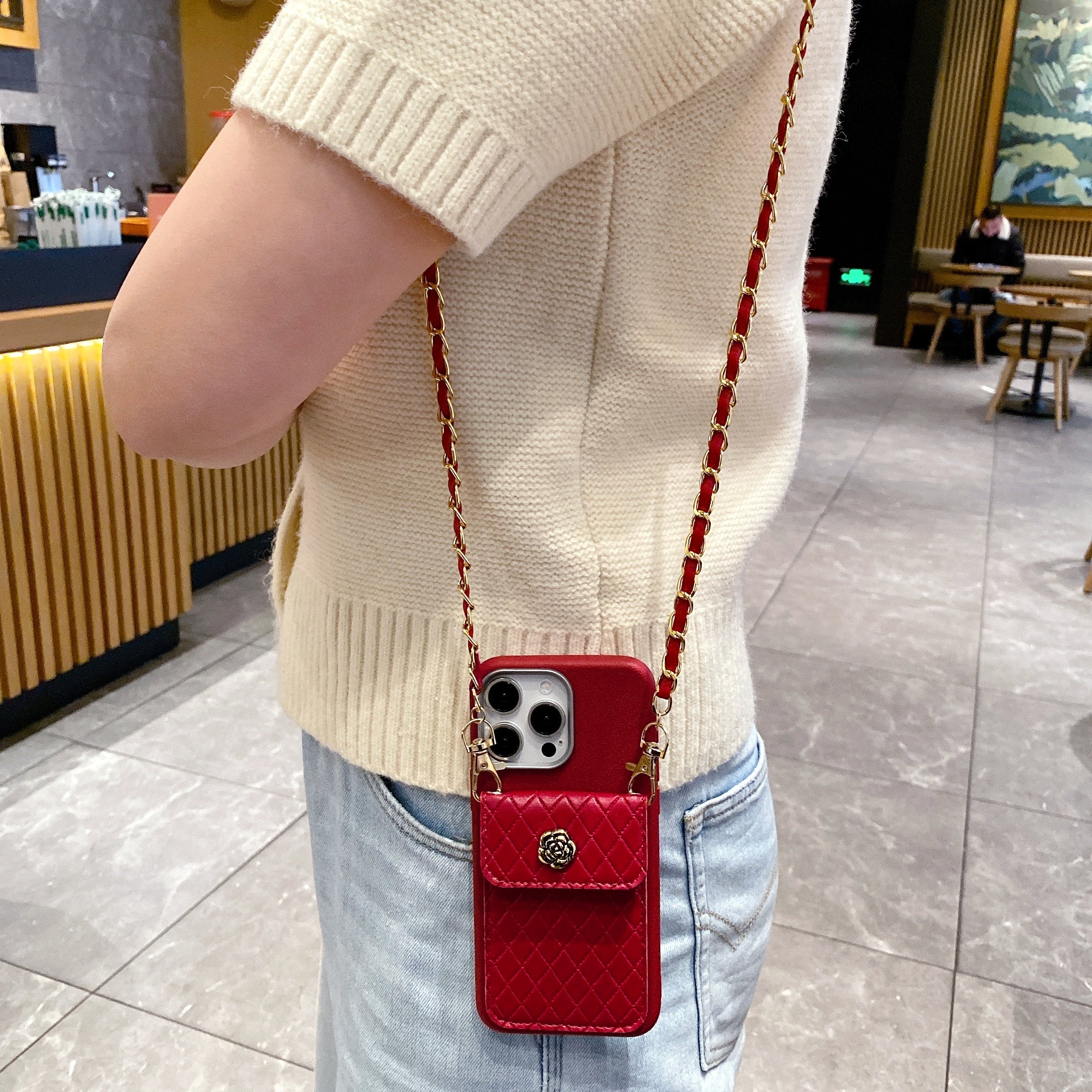 Red Diva Luxe Crossbody Gold Chain Silicone Phone Cases For iPhone