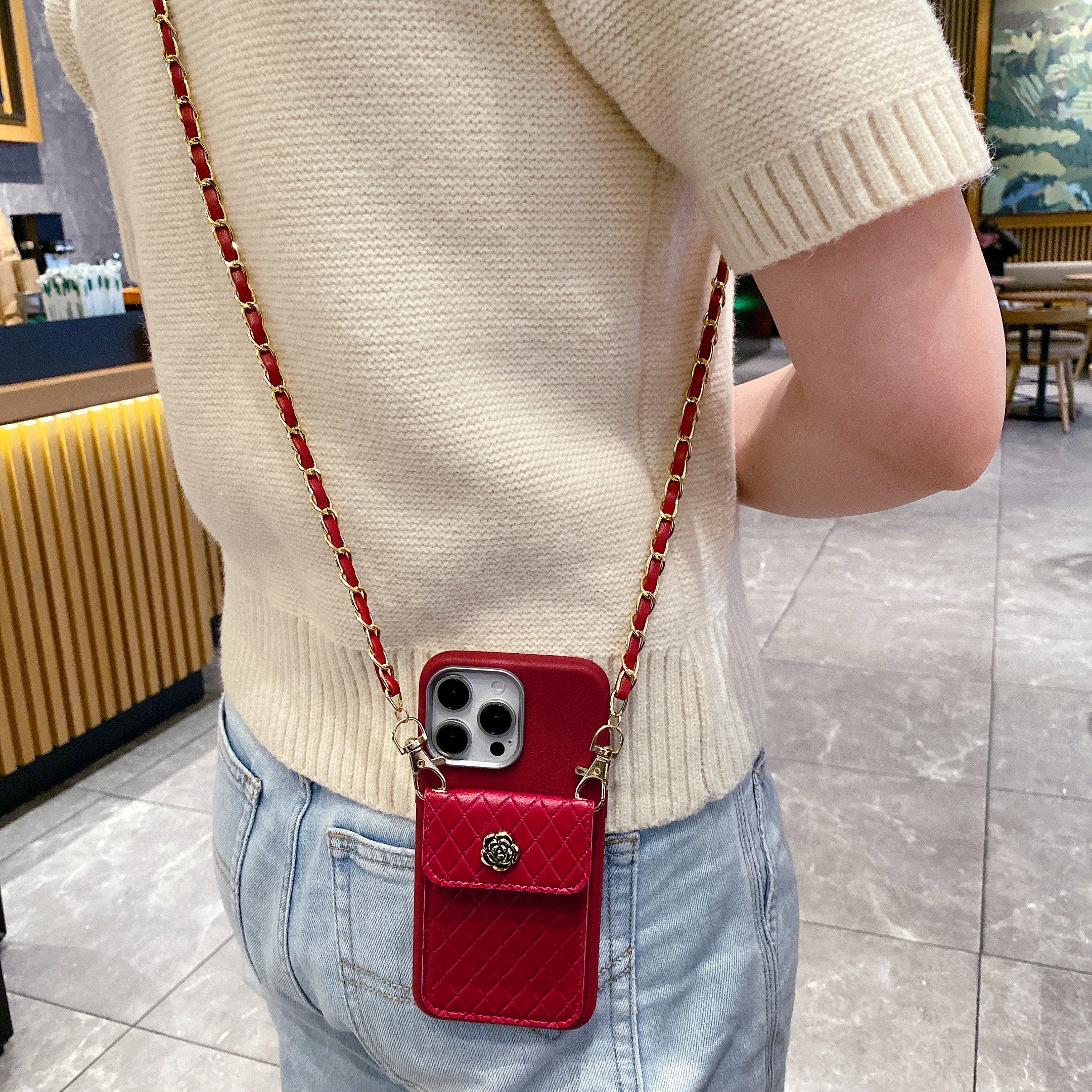 Red Diva Luxe Crossbody Gold Chain Silicone Phone Cases For iPhone