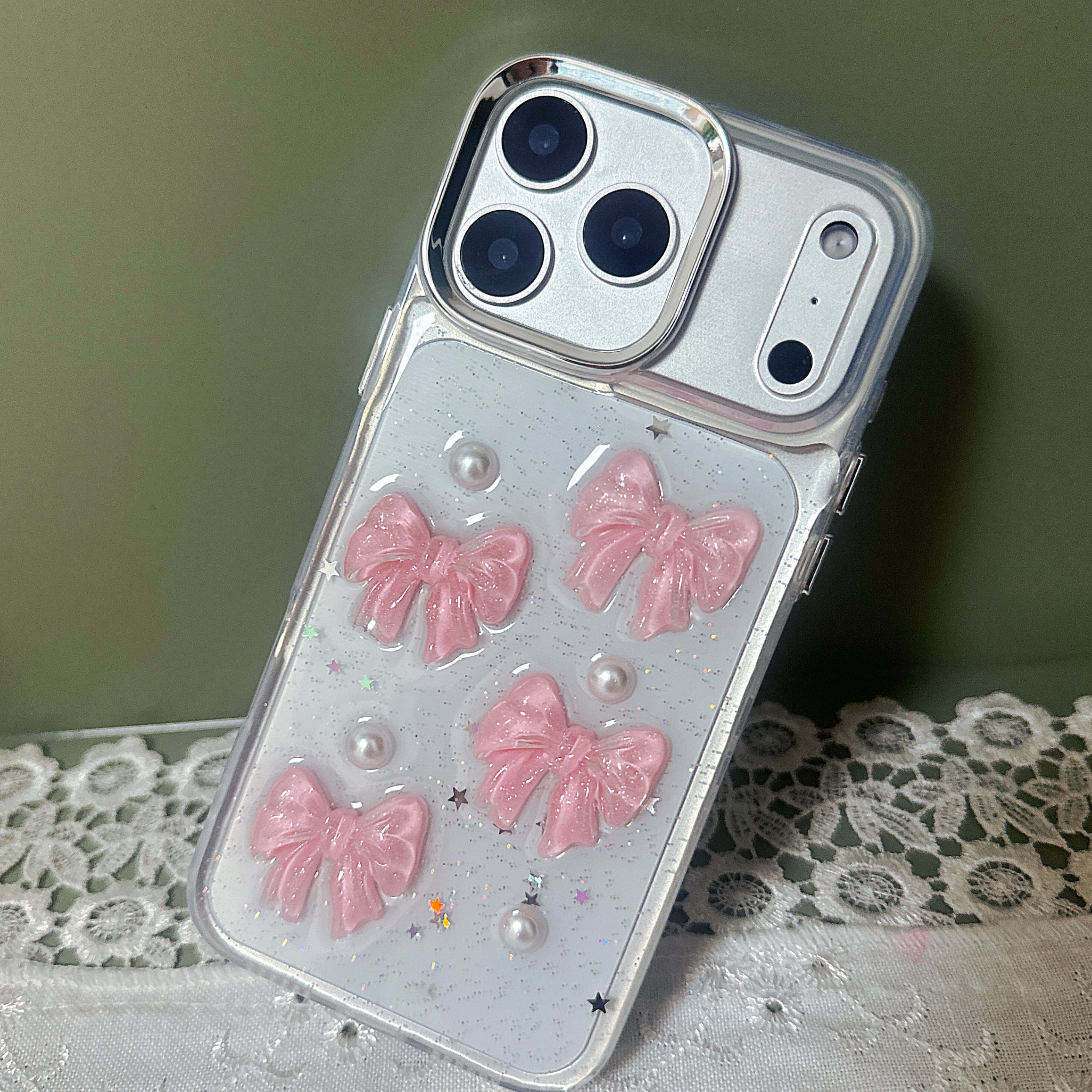 The Pink Bijou Bow Case: Multi-Dimensional Resin Ribbons and Pearl Detailing Silicone Case For iPhone