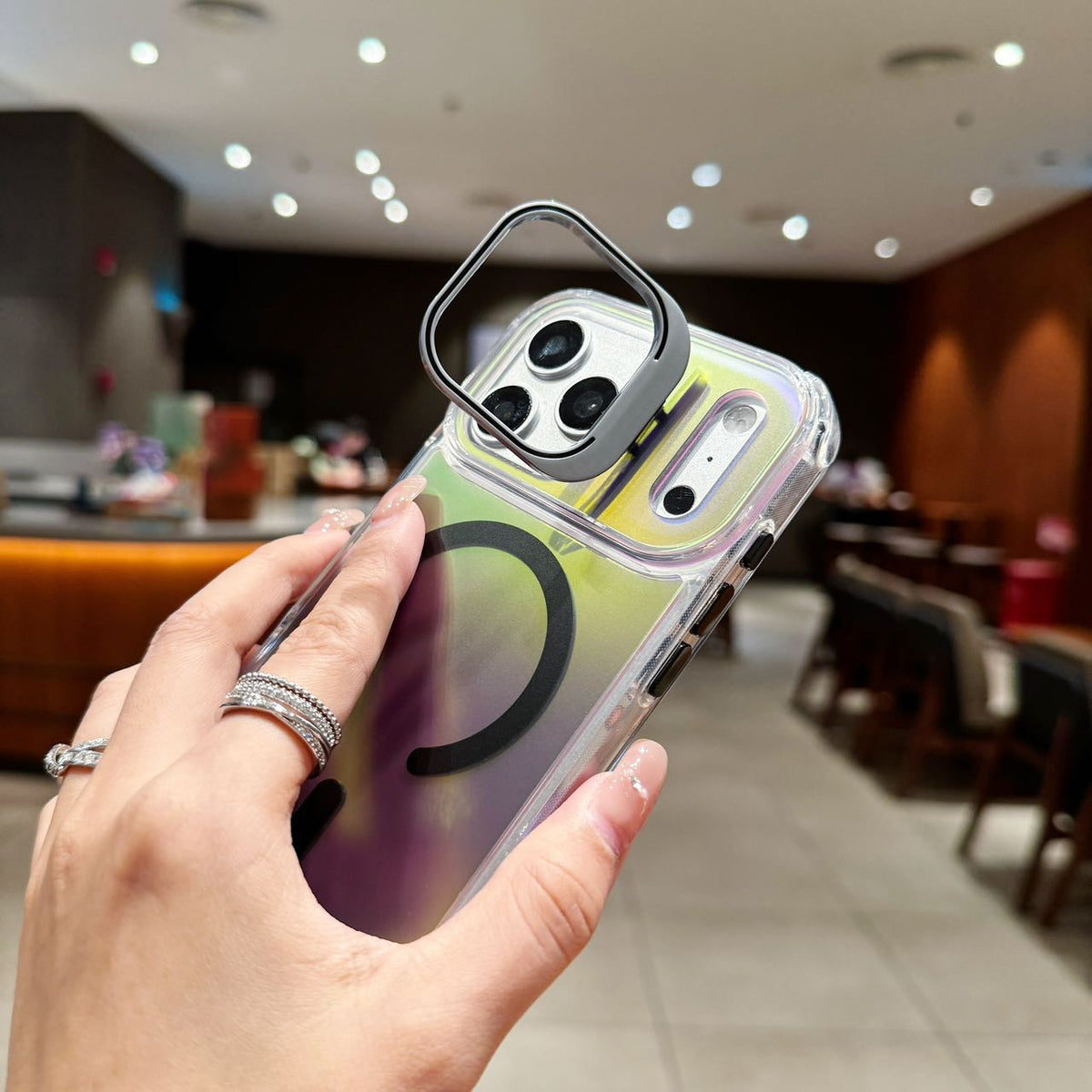 Holographic MagSafe iPhone Case with Camera Stand - Shockproof Clear Back Cover