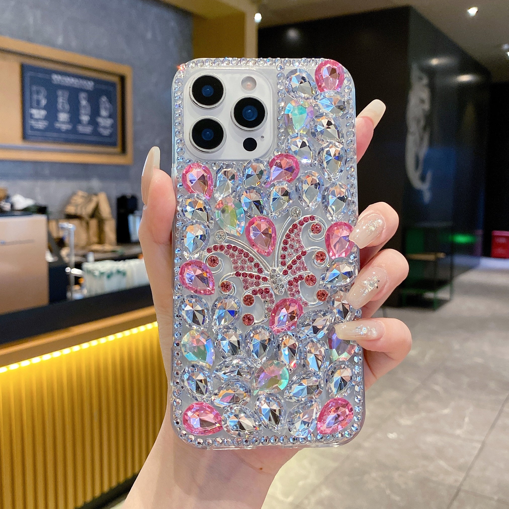 Diamond Butterfly Elite – Iridescent Pink & Silver Silicone Phone Cases For iPhone