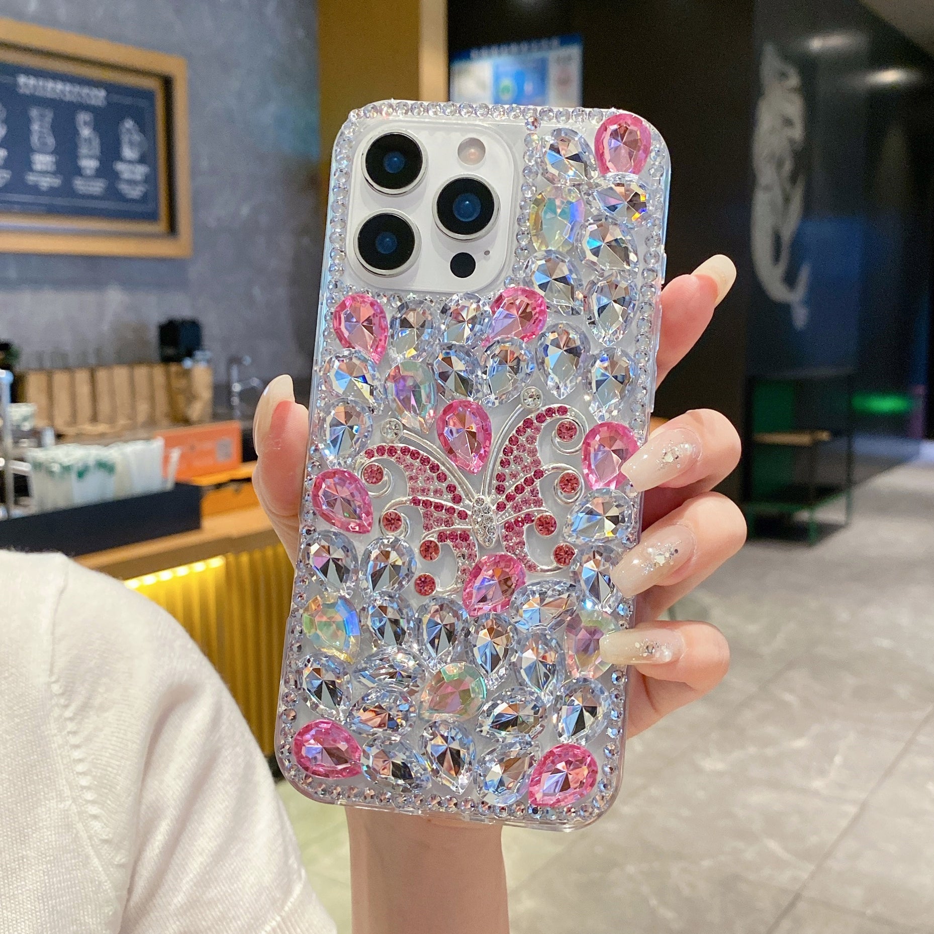 Diamond Butterfly Elite – Iridescent Pink & Silver Silicone Phone Cases For iPhone