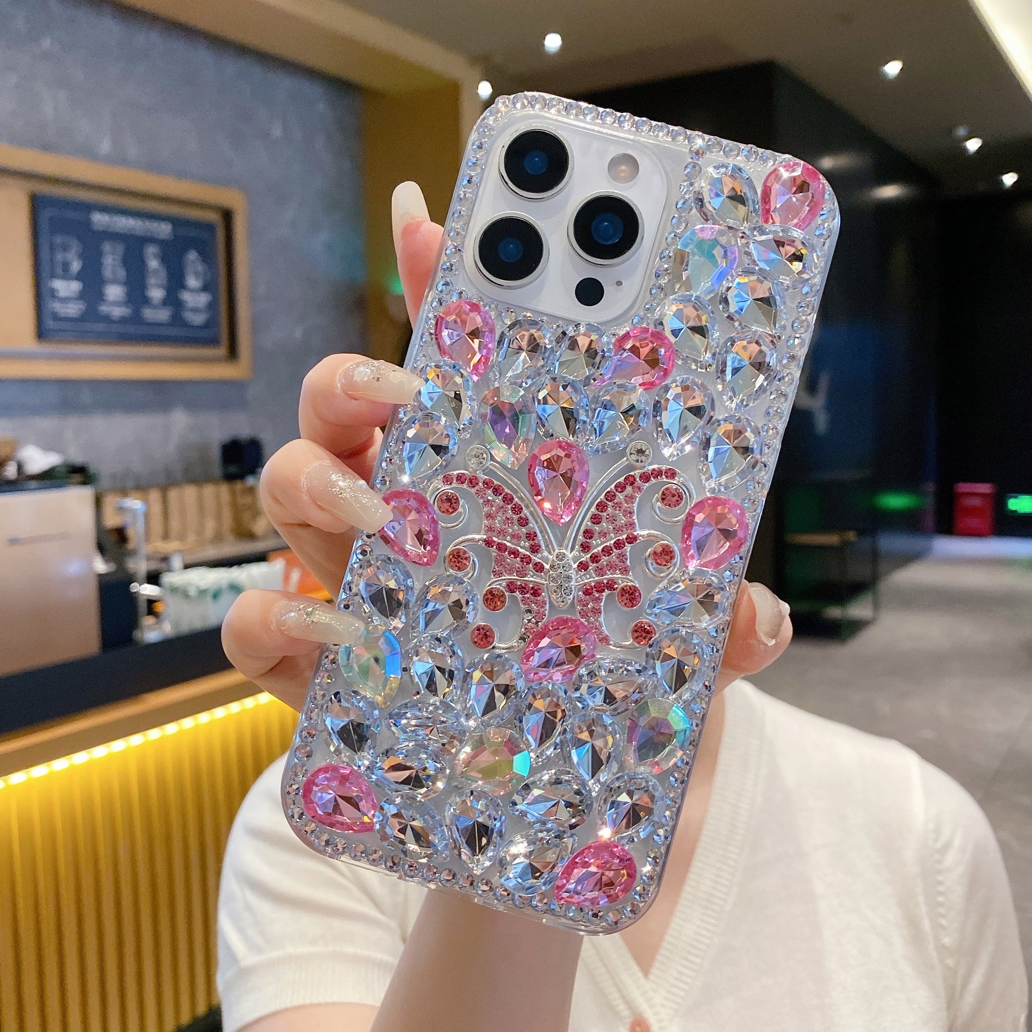 Diamond Butterfly Elite – Iridescent Pink & Silver Silicone Phone Cases For iPhone