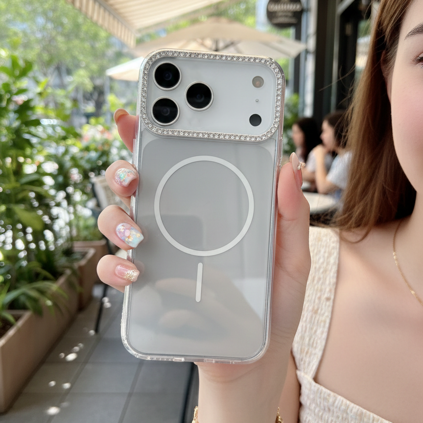 Silver Rhinestone Crystal Guard MagSafe Case – Studded Camera & Border Silicone Phone Cases For iPhone